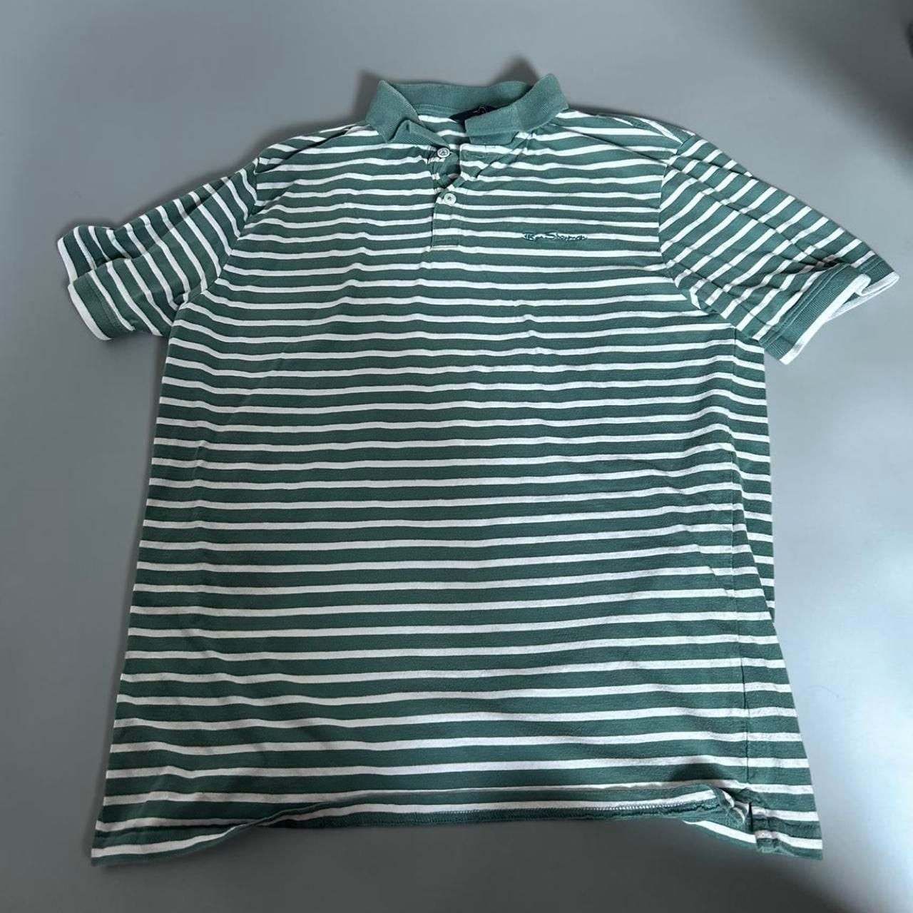 Ben Sherman Green and White Striped Polo Shirt Size M