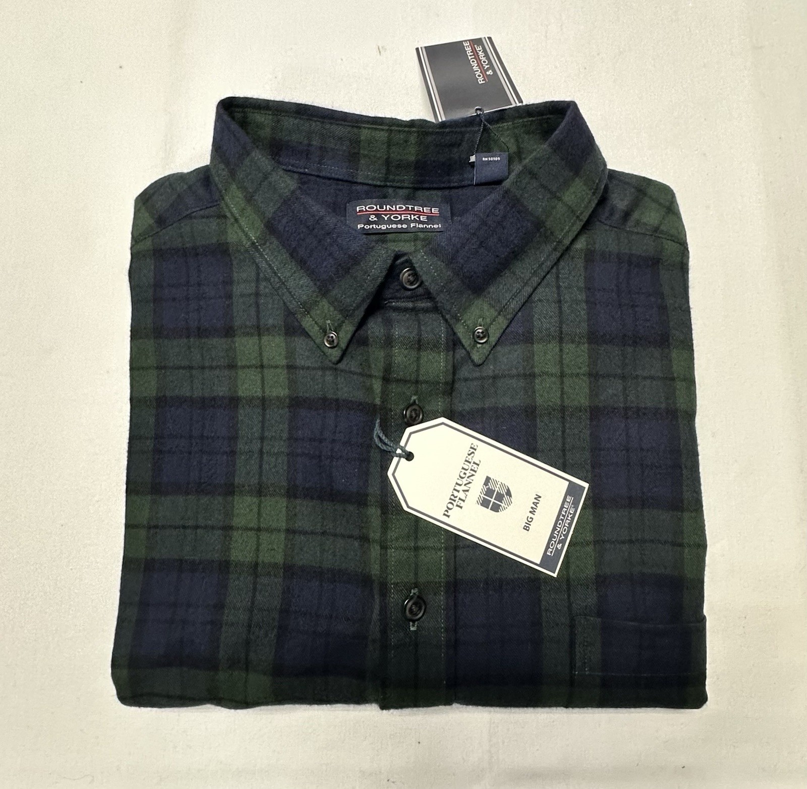Roundtree Yorke Men Shirt 3XT Button Up Portuguese Flannel Cotton Green Navy