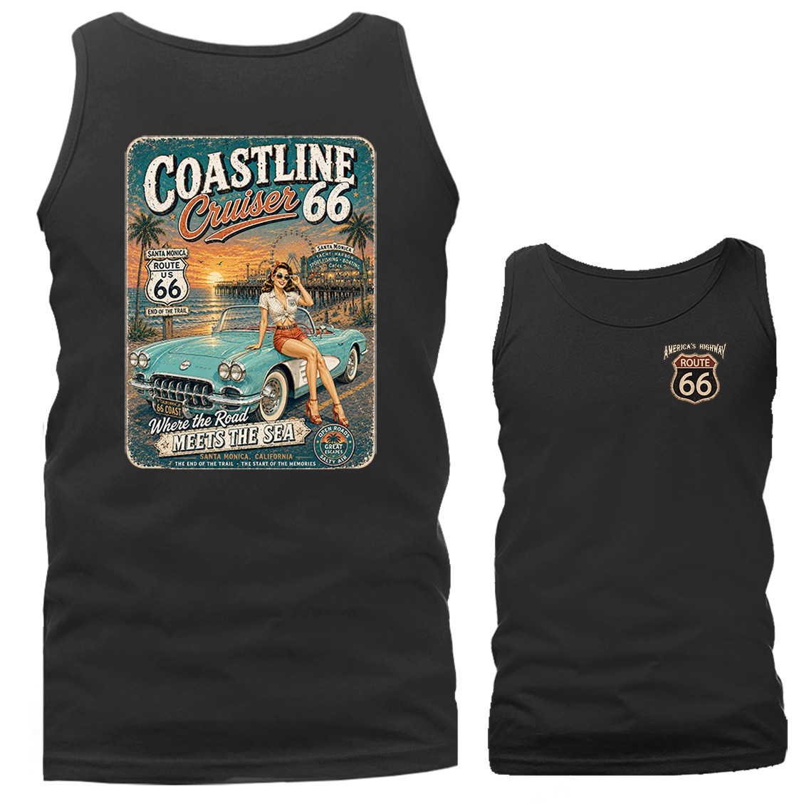 Route 66 Coastline Cruiser Vintage Woman Classic Car Santa Monica Tank Top