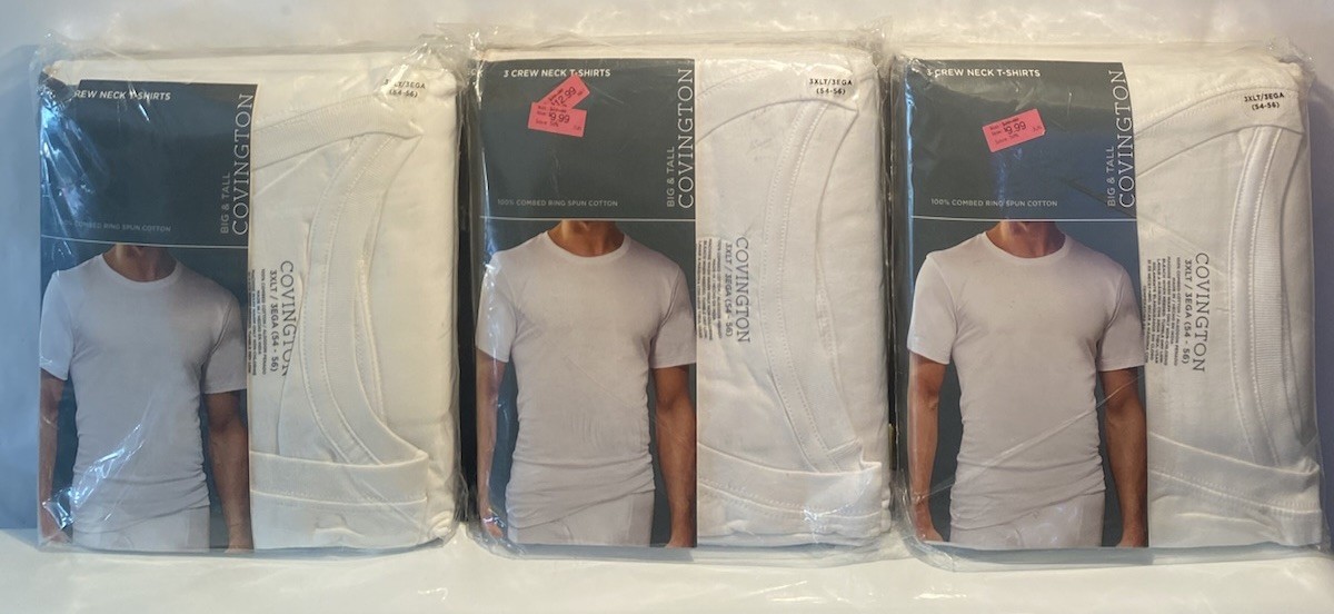 3 NOS Covington Men’s 3 Pack T-Shirts 3XLT White 100% Cotton 9 Shirts Big Tall