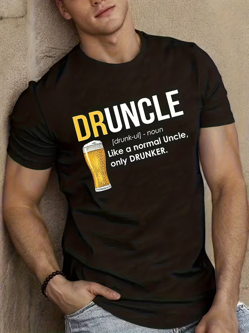 Men’s Black Crew Neck Short-Sleeve T-Shirt with “Drunk Uncle” Print