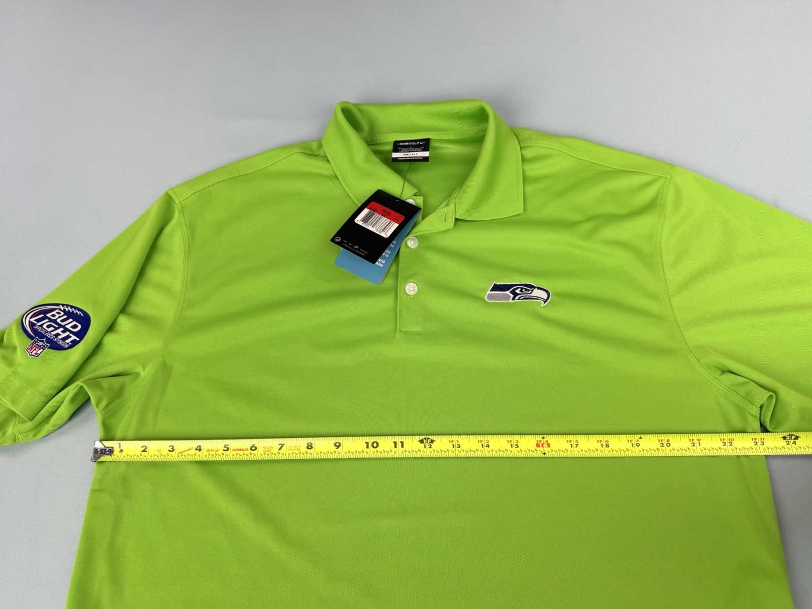 NWT Nike Golf Dri‑FIT Neon Green Polo Seahawks & Bud Light NFL Logo Shirt Sz L