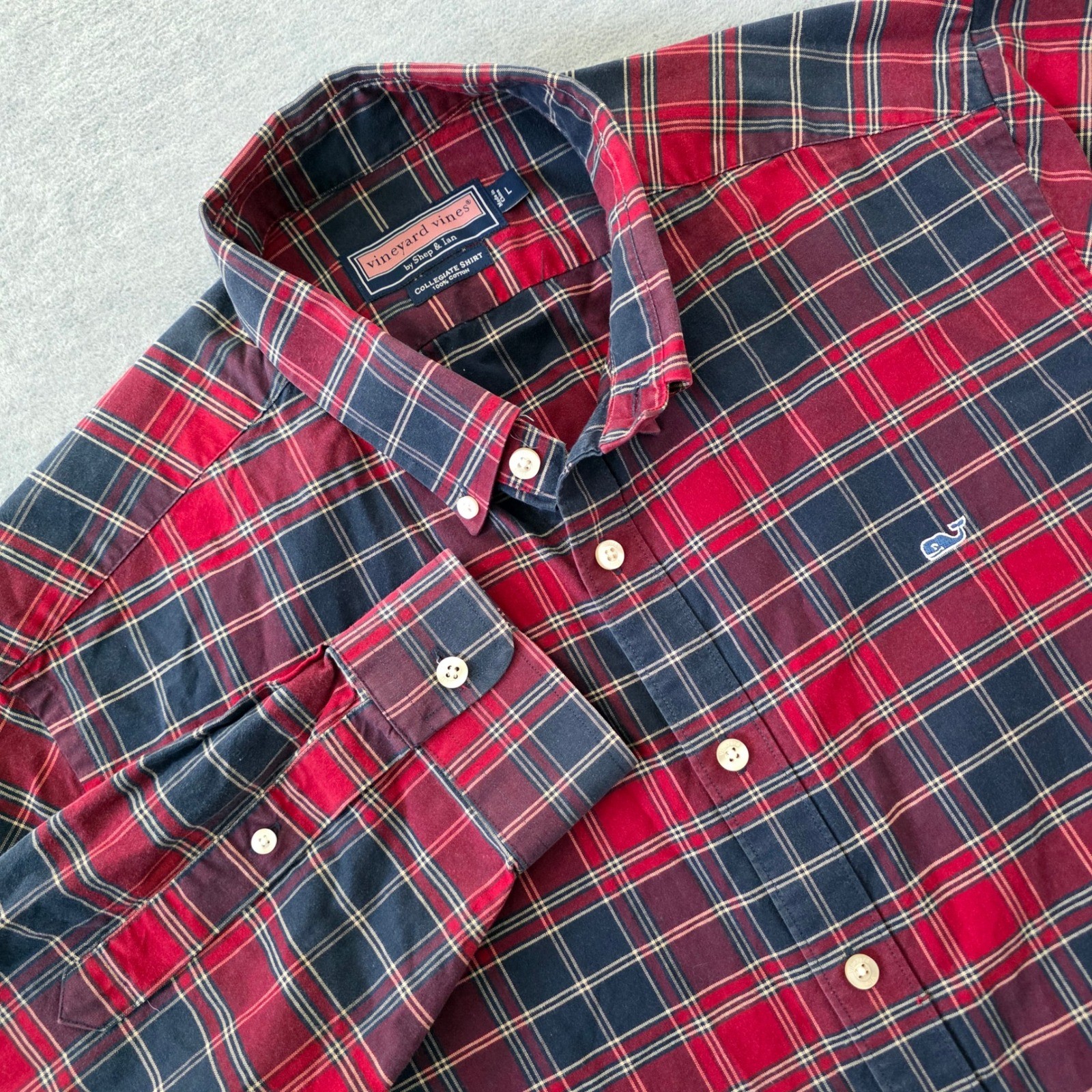 Vineyard Vines Mens Large Red Navy Plaid Collegiate Button Down Cotton Shirt L