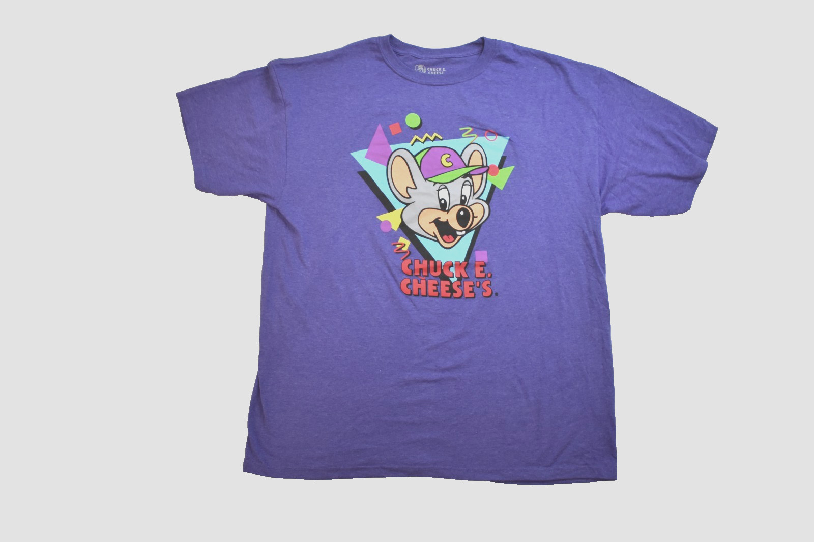 Chuck E. Cheese Mens Chuck E. Cheese’s Party Pizza Purple Shirt New S-2XL