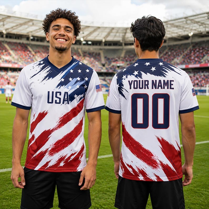 USA Soccer Jersey Football Shirt V Neck American Flag Brush Stroke Athletic Wear