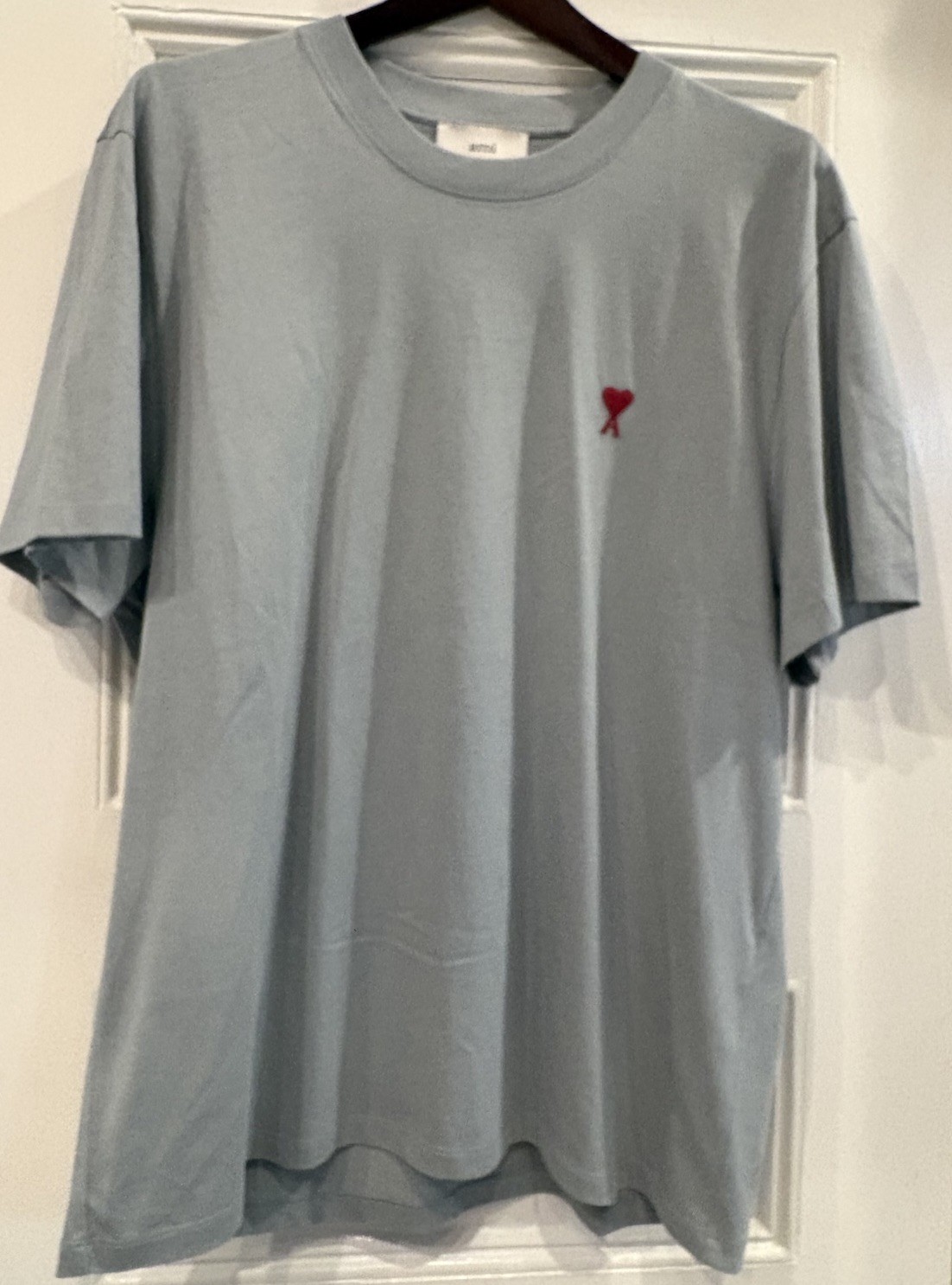 AMI PARIS Tee Men’s Light Green Short Sleeved XXL Embroidered Red Heart