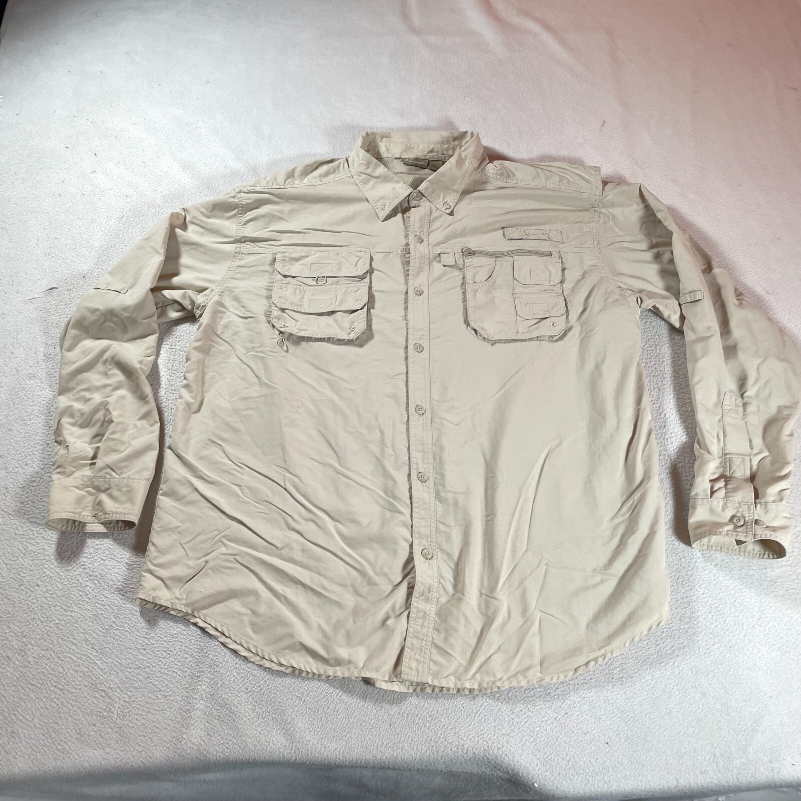 Quest Vented Shirt Mens 2XL XXL Tan Button Down Fish Outdoor Fishing Camp Boat
