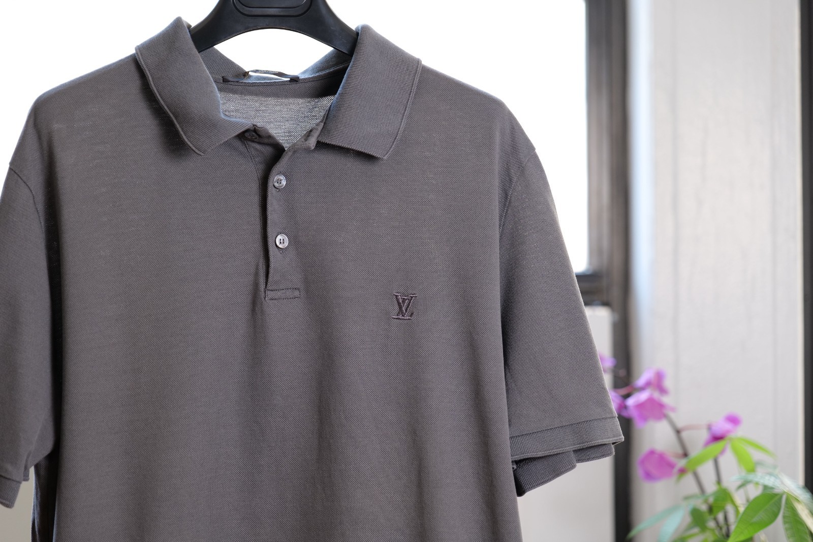 Louis Vuitton Grey Cotton Pique Short Sleeve Polo Shirt Top LV Logo (Size XL)