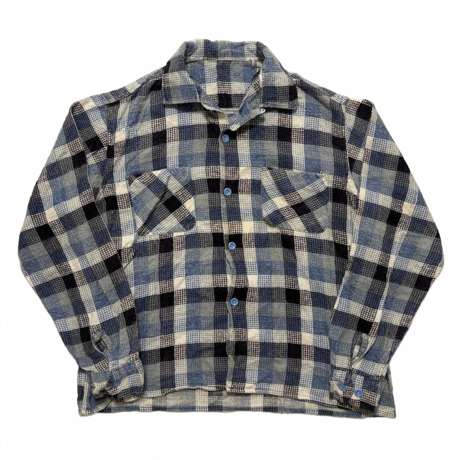 VTG 60’s Sanforized Cotton Loop Collar Plaid Flannel Shirt Men’s S Blue