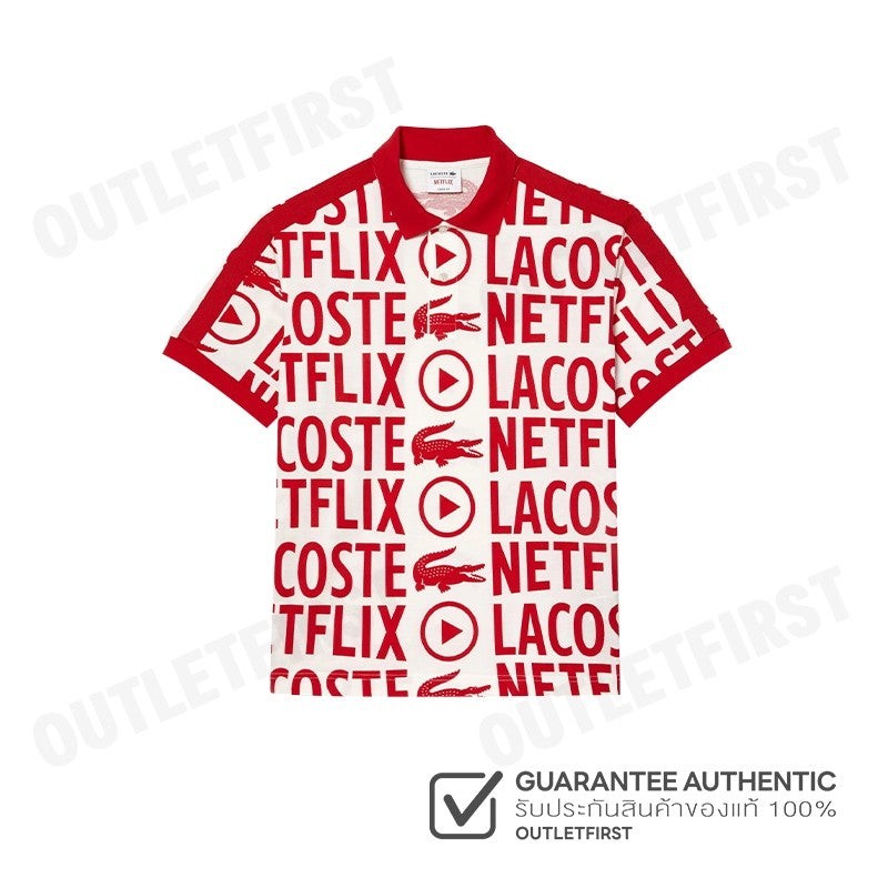 LACOSTE MEN’S LACOSTE X NETFLIX LOOSE FIT ORANGE COTTON PRINT POLO SHIRT COLOR