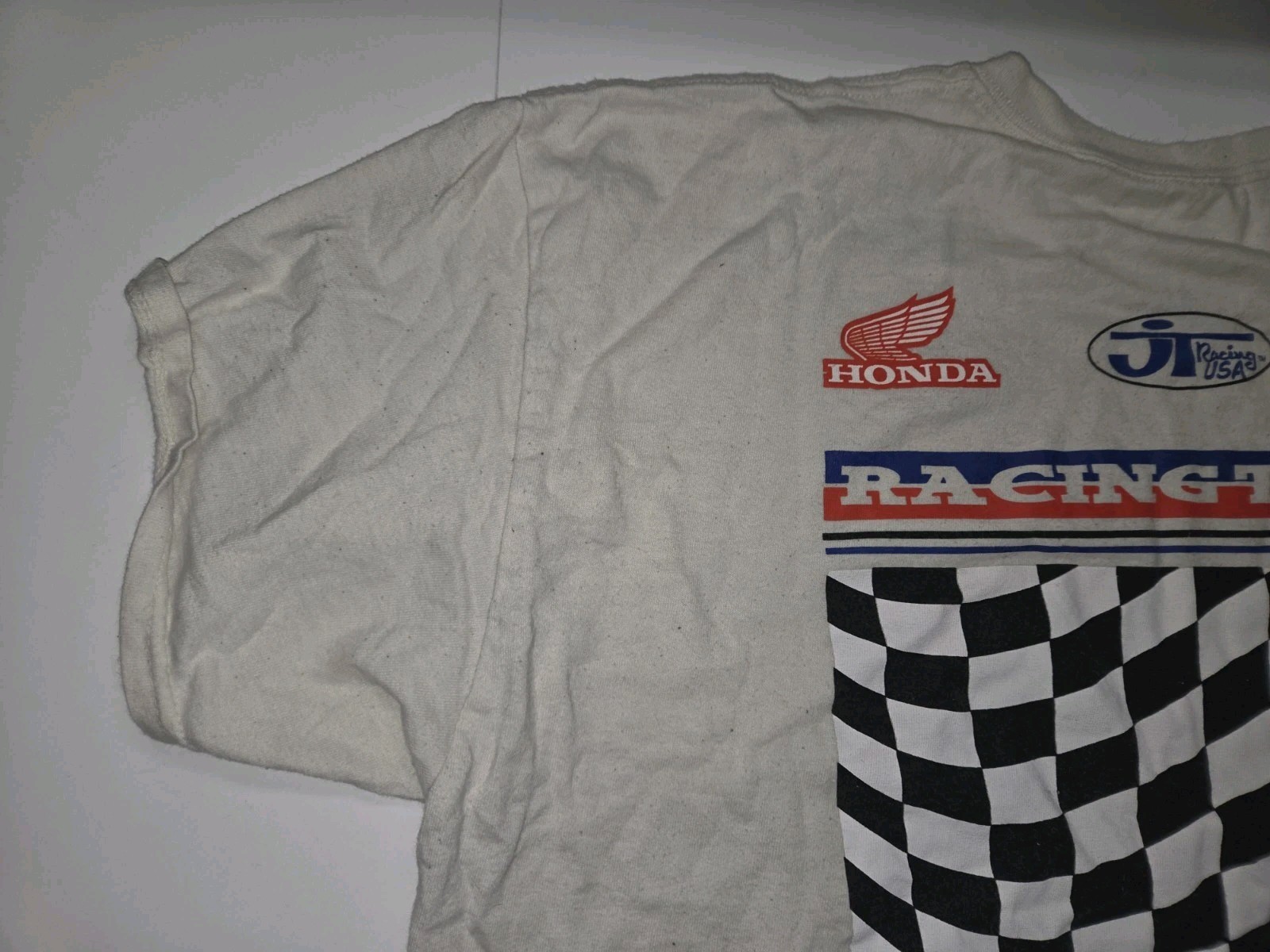 Honda Racing Team Shirt Mens Beige Checkered Flag Motorsport Cars XL / X-LARGE