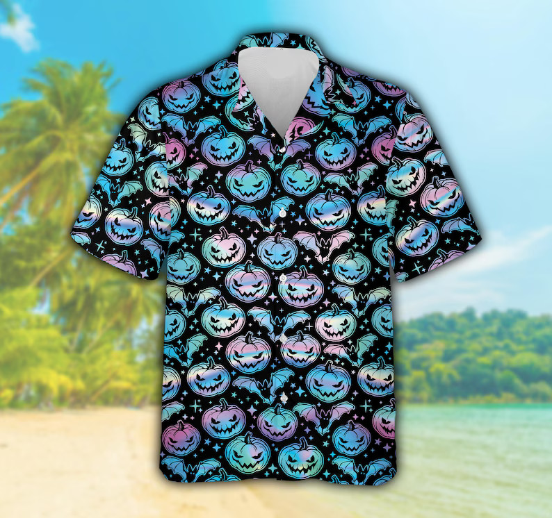 Spooky Pumpkin Faces Bat Halloween Hawaiian Shirt For Men Women, Neon Pastel