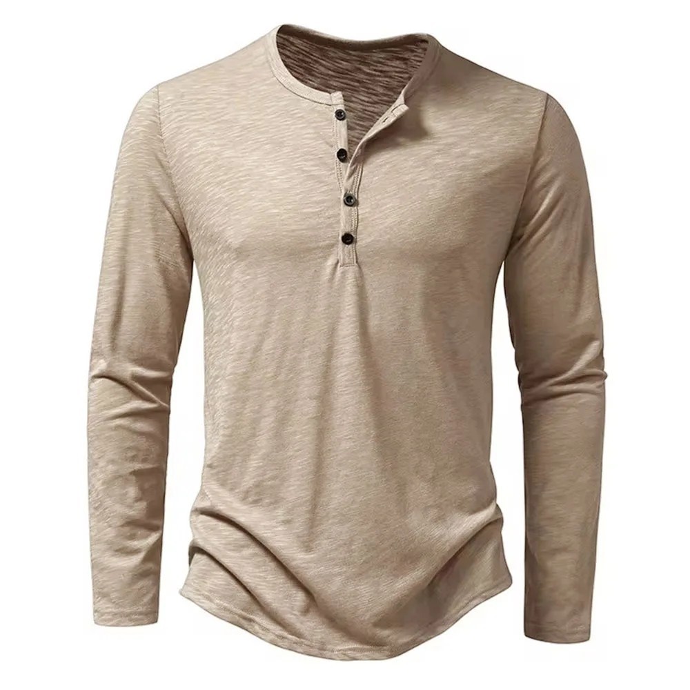 Men’s Shirt Cotton Henley Neck T-Shirts Long Sleeve Casual Button Plain