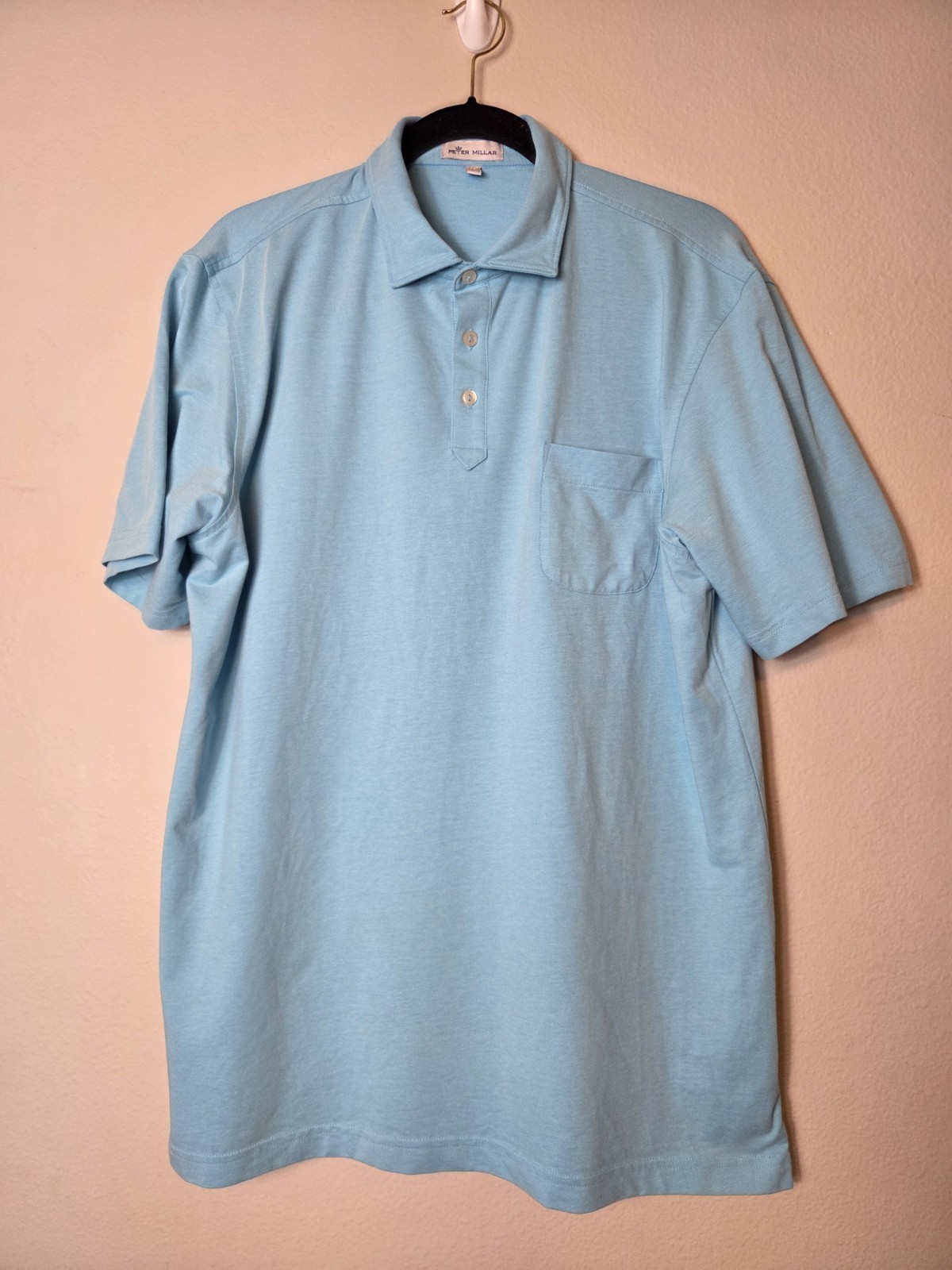 Peter Millar Polo L Solid Blue Knit Cotton Polyester Spandex Blend
