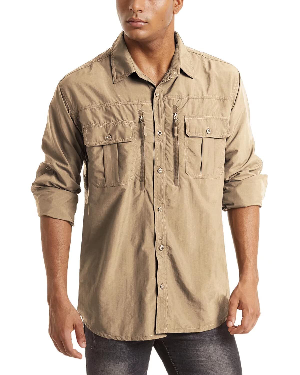 Mens Tactical Hiking Shirt Cargo Work Long Sleeve Shirts Quick Dry Performance T
