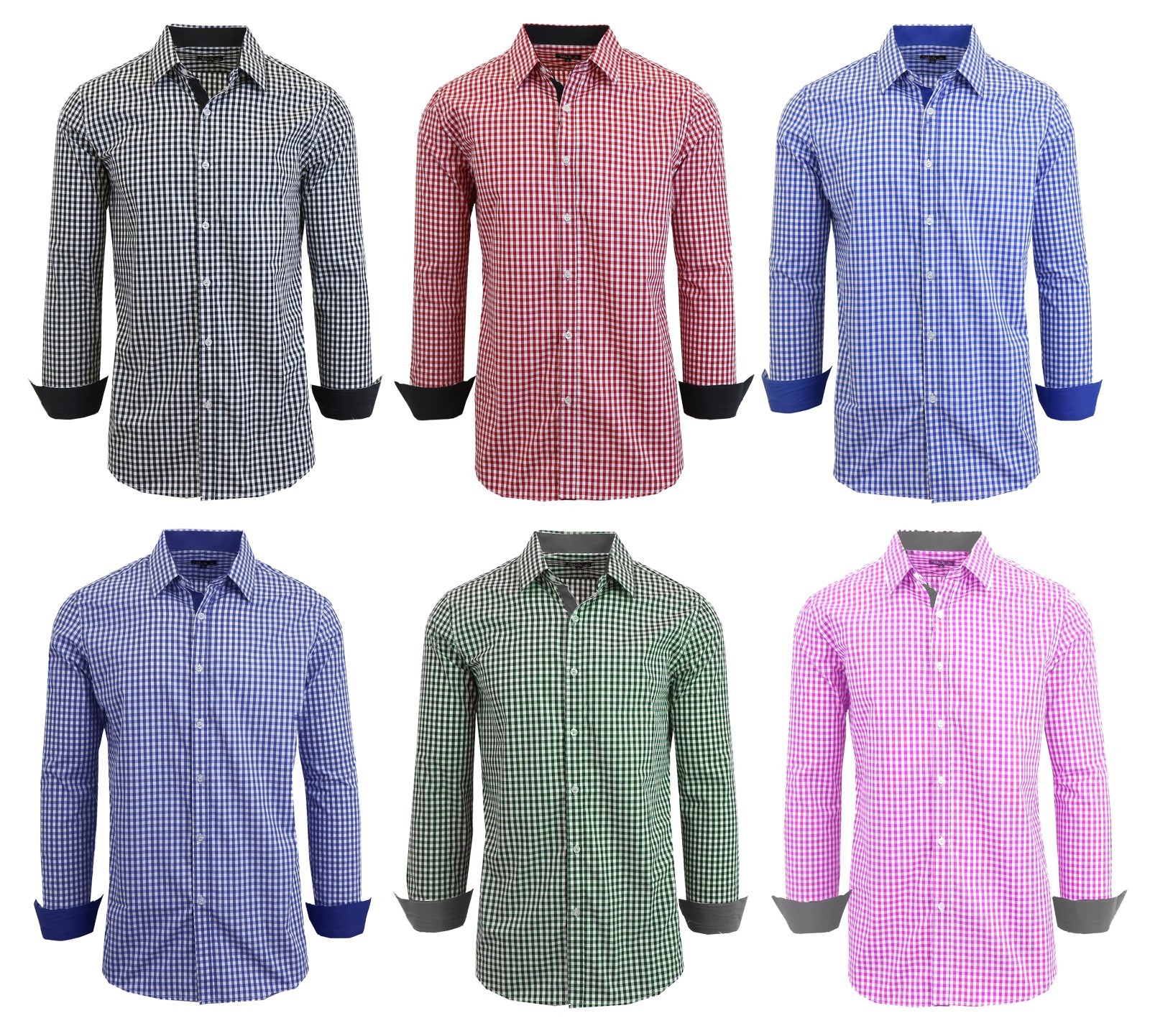 Mens Long Sleeve Button Down Slim Fit Dress Shirt – Gingham Checkered Plaid NEW