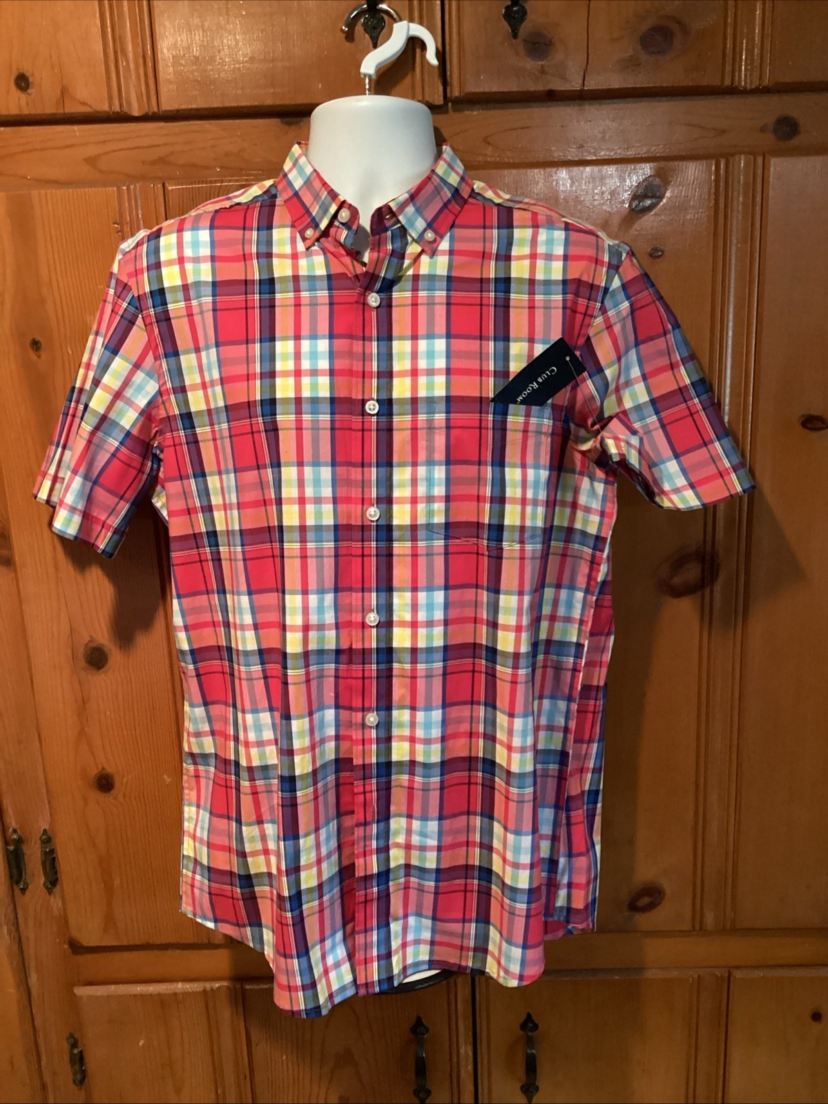 CLUB ROOM Men’s MEDIUM Short-Sleeve Red Plaid Button-Down Shirt NWT $49.50