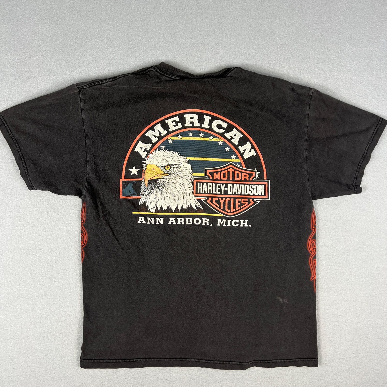 VTG Harley Davidson T Shirt Fits M 2002 Flames Eagle American Ann Arbor Mich USA