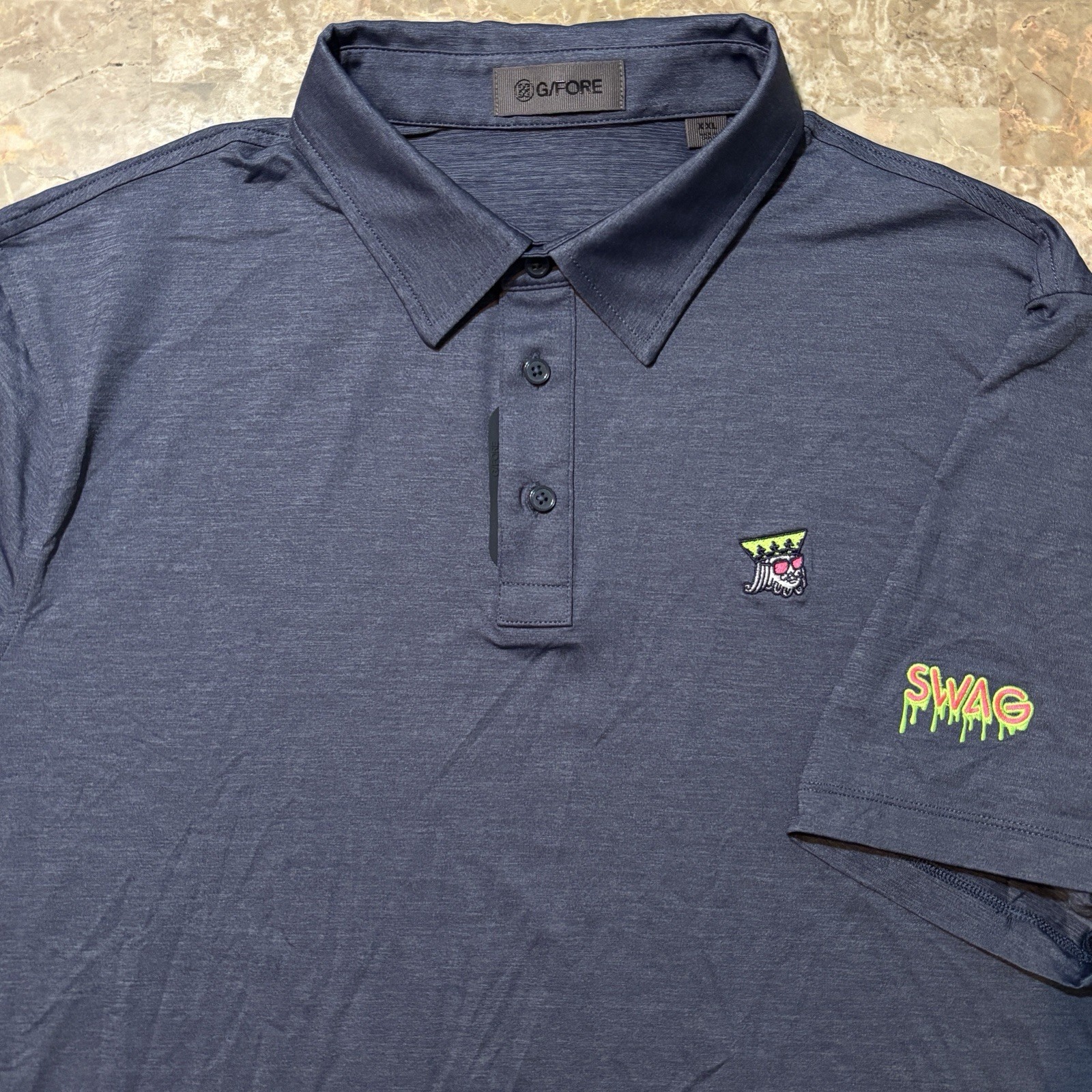 G Fore Swag Golf Polo Shirt Mens 2XL Blue Melange Knit King Glasses Stretch