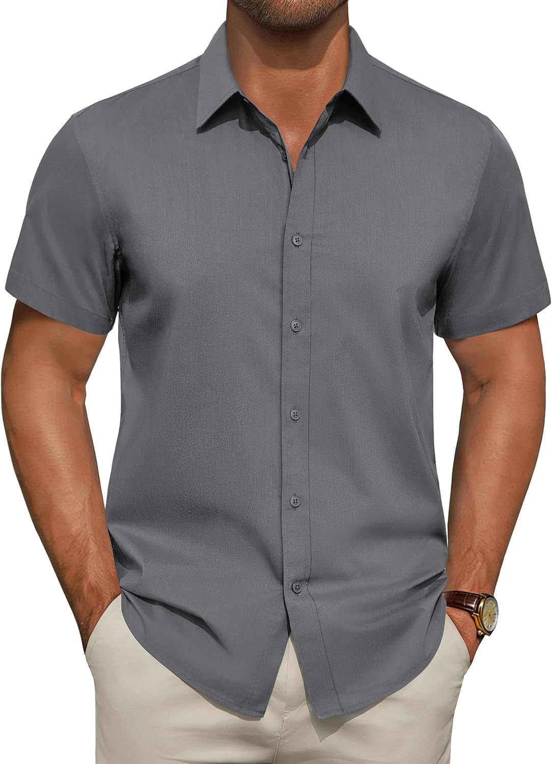 Men Short Sleeve Dress Shirt Stain Resistant Stretch Business Casual Button Down