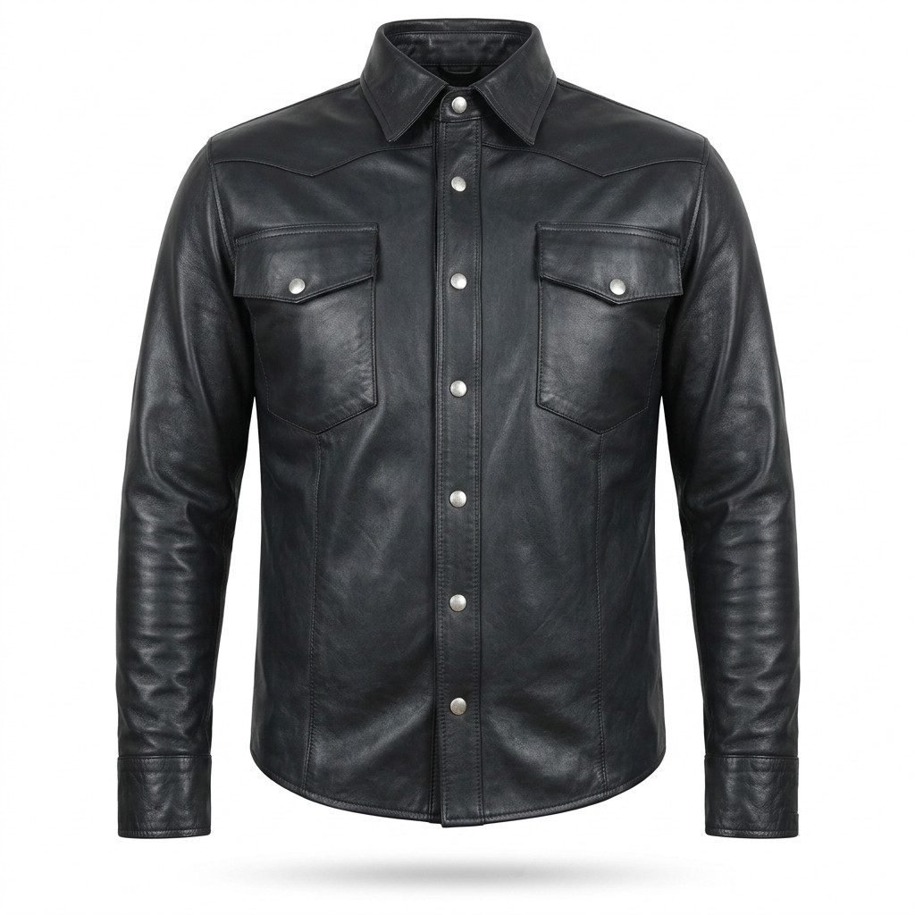 Men’s Real Black Leather Shirt Western Cowboy Slim Fit Snap Button Jacket Top