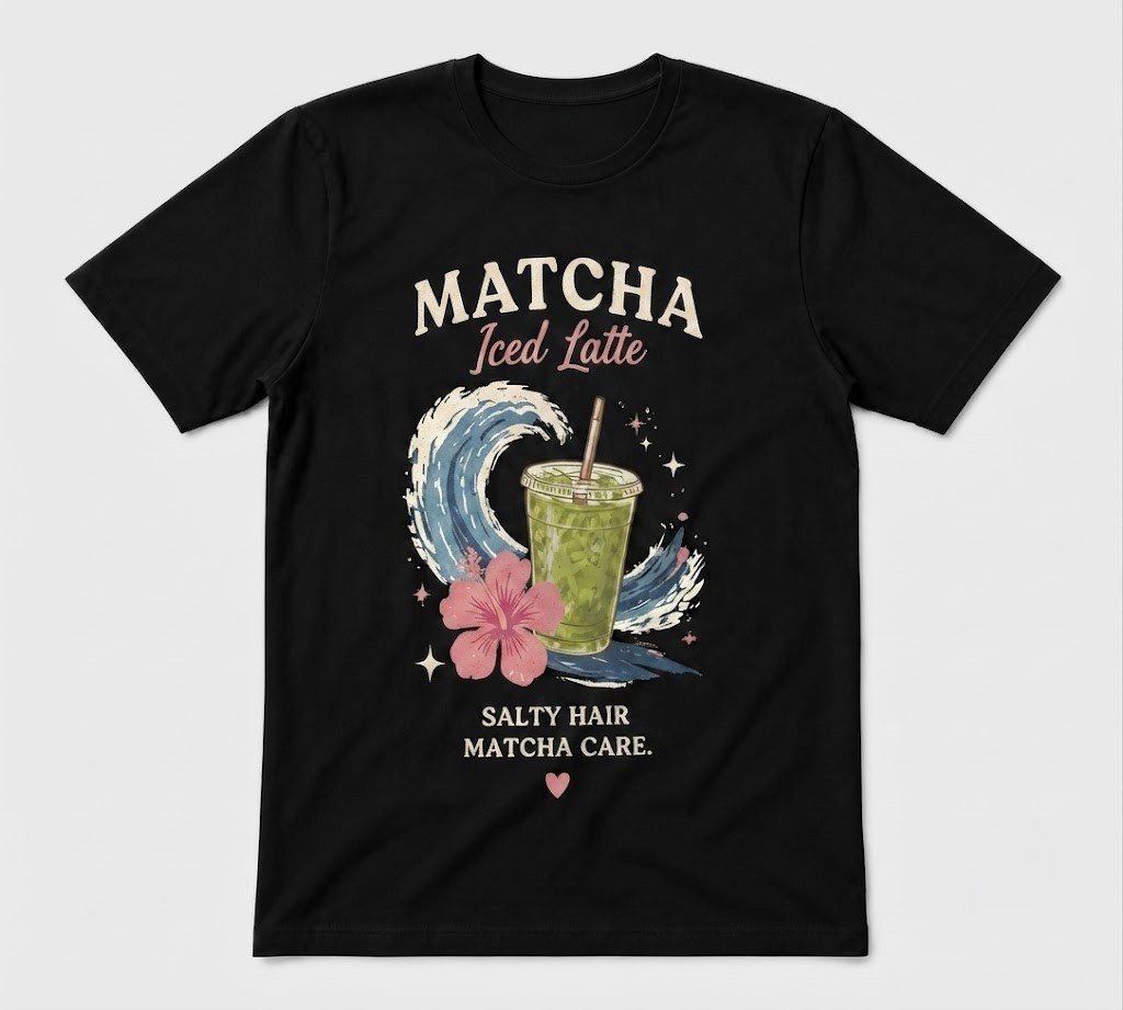 Matcha Iced Latte Salty Hair Matcha Care Summer Holiday Black T-shirt