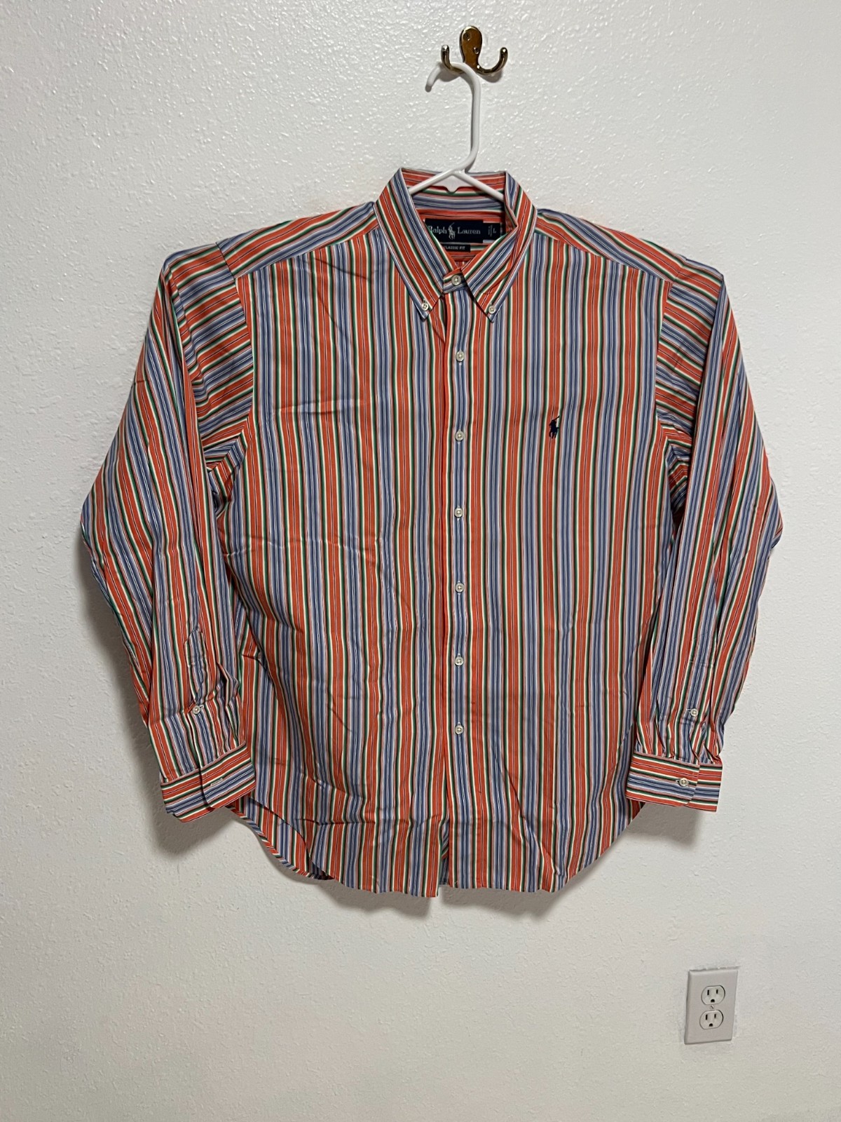 Ralph Lauren Shirt Classic Fit Preppy Striped Orange Blue Men’s size Large