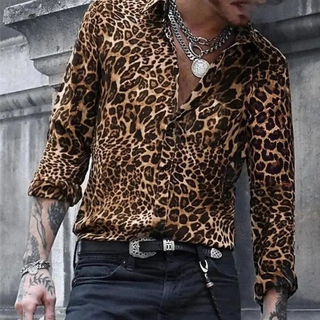Men Fashion Button Tops Mens Down Vacation Casual Leopard Print Tunic Shirt