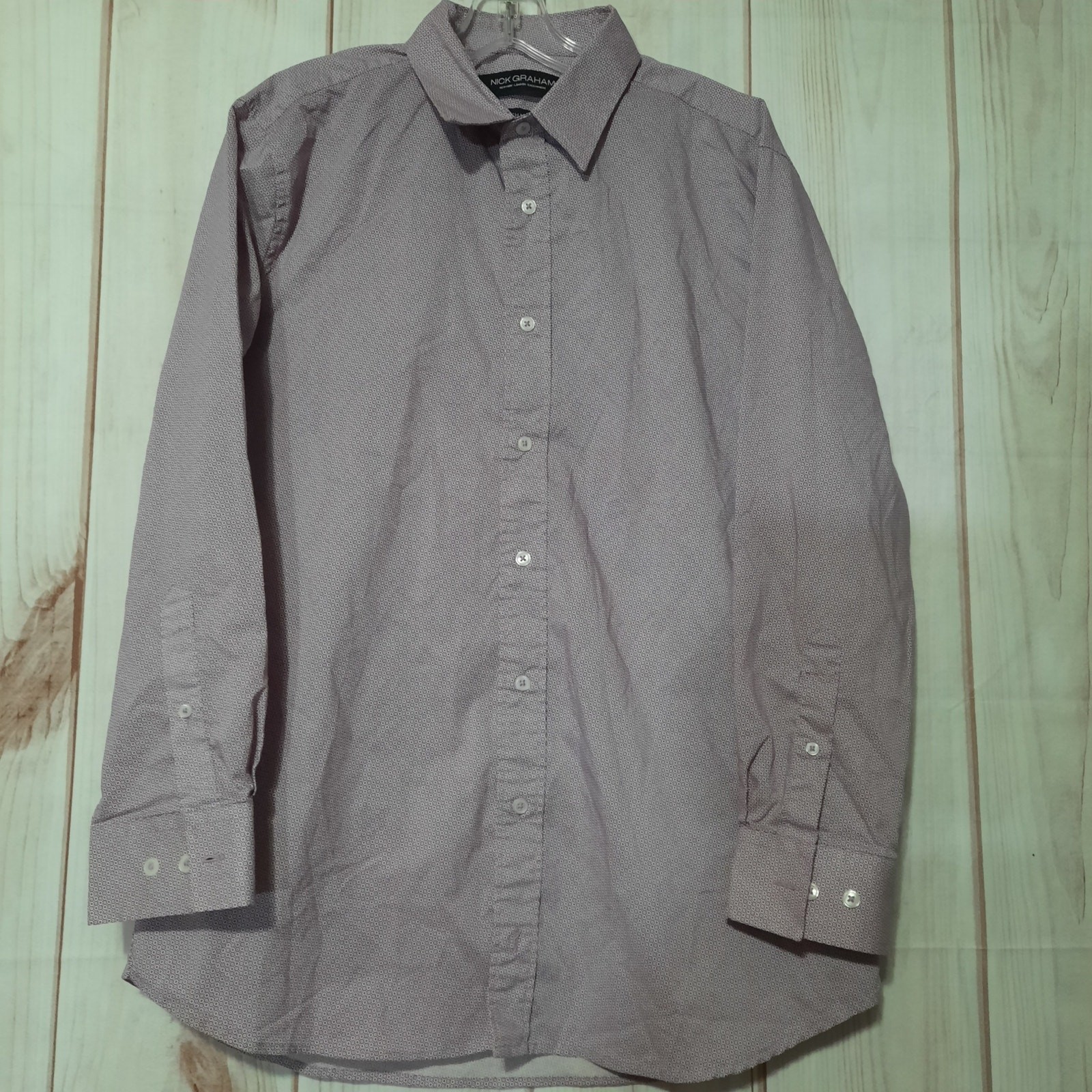 Nick Graham Mens Stretch Modern Fit Dress Shirt Purple Geometric Print L 16-16.5