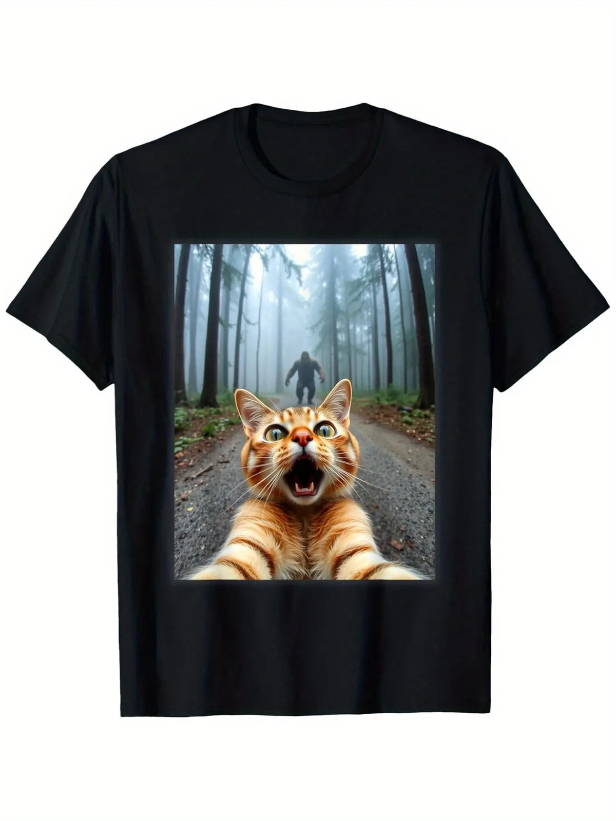 1pc Men’S Funny Cat Selfie & Sasquatch Graphic Tee