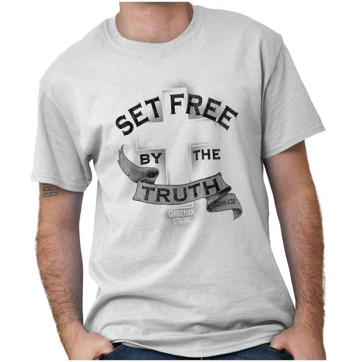 Christian Strong Set Free By The Truth Cross Womens or Mens Crewneck T Shirt Tee