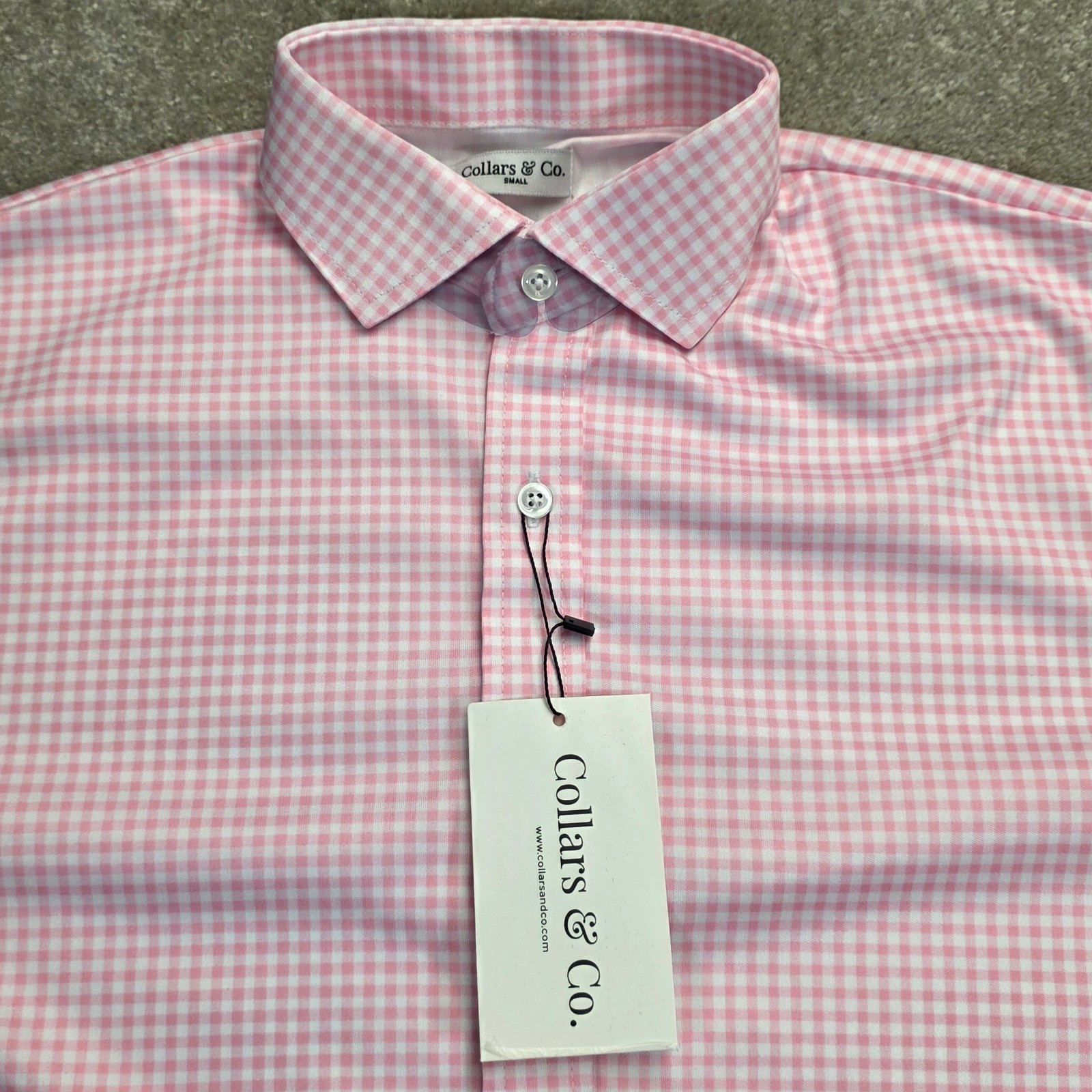 Collars and Co Men Dress Collar Stretch Long Sleeve Polo Shirt Sz S Pink Gingham