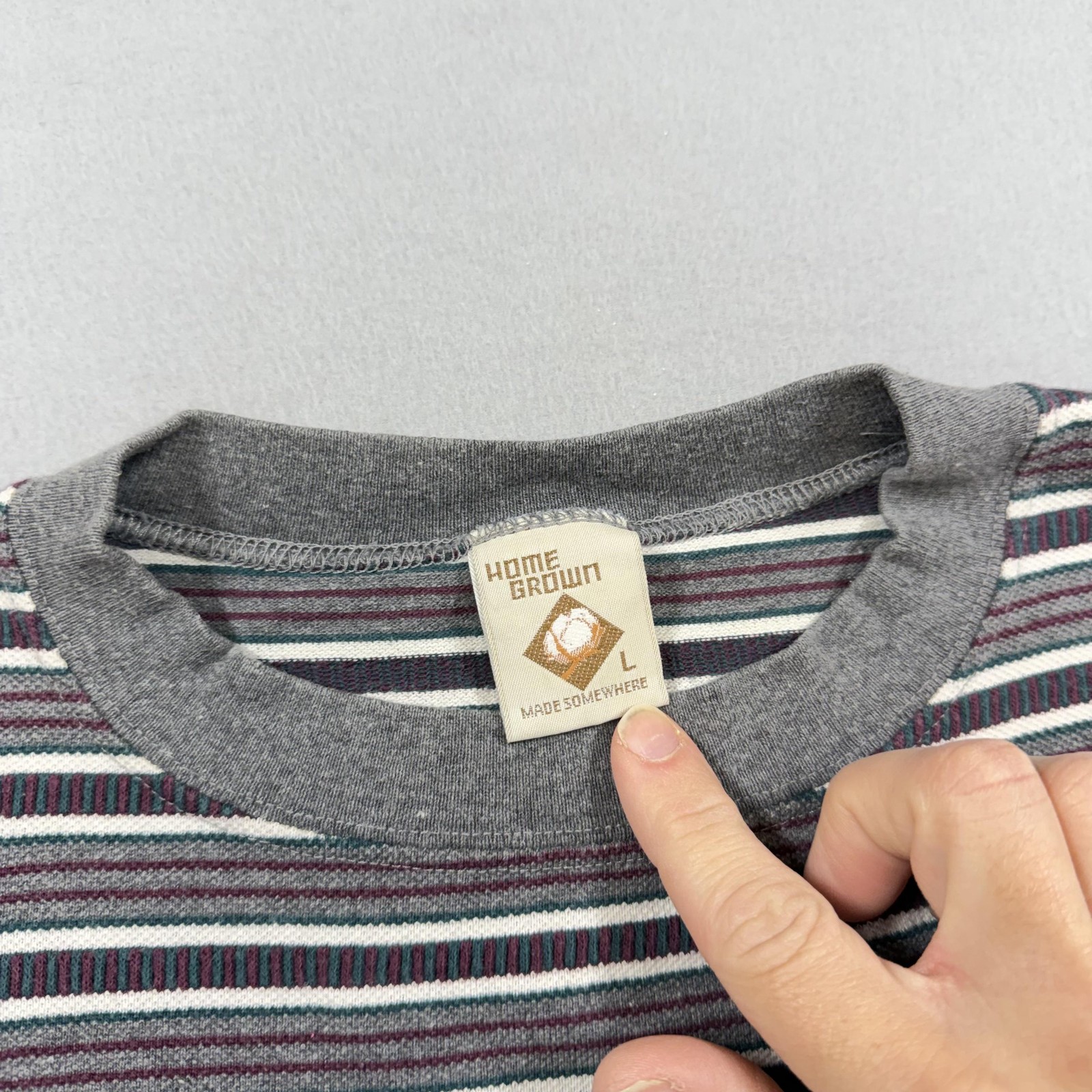Home Grown Shirt Mens Large Gray Stripe Made USA Short Sleeve Cotton Tee