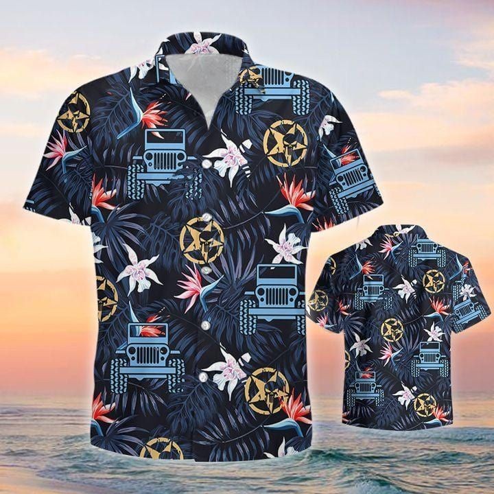 Jeep Car Star Navy Black Tropical Aloha Hawaiian Shirt