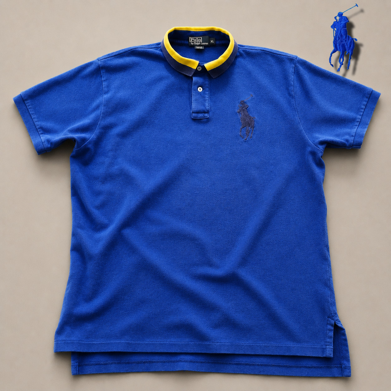 Vintage Polo Ralph Lauren Big Pony Polo Shirt XL Royal Blue Yellow Collar