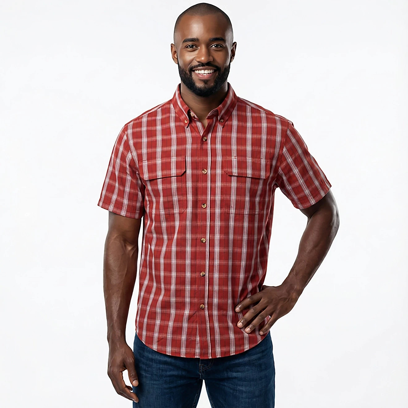 Brazos Contractor Ripstop Plaid Work Shirt Mens L Red Ochre Short Sleeve Cotton