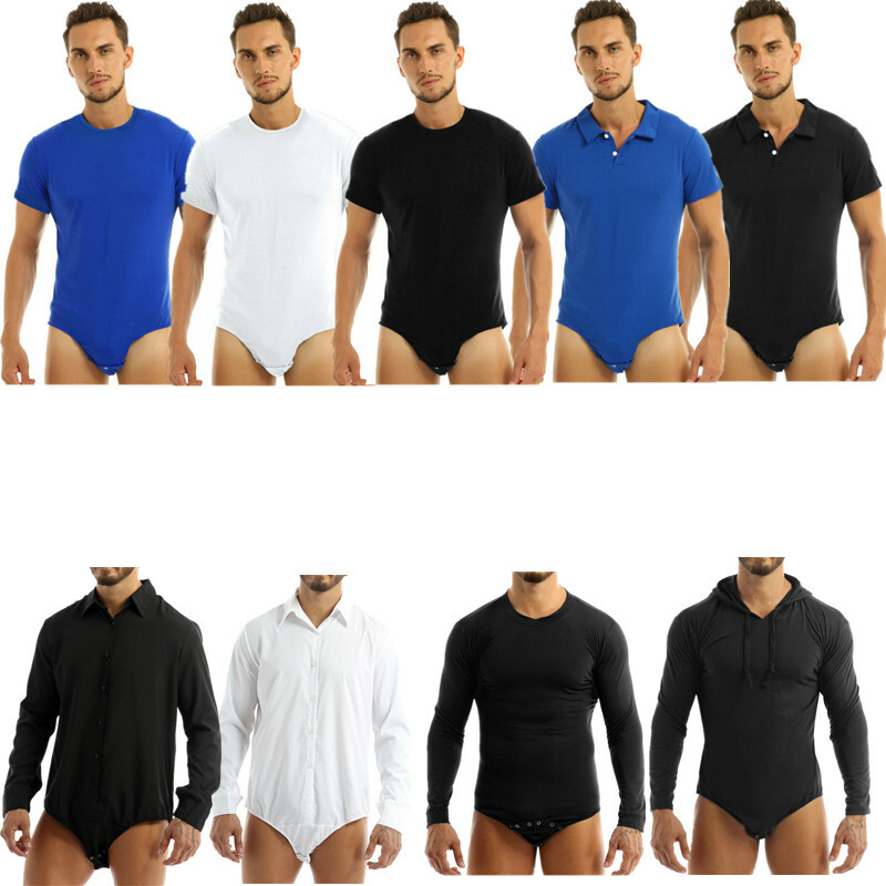 Men Turn-Down Collar Button Crotch Top Bodysuit Short/Long Sleeve Romper Pajamas