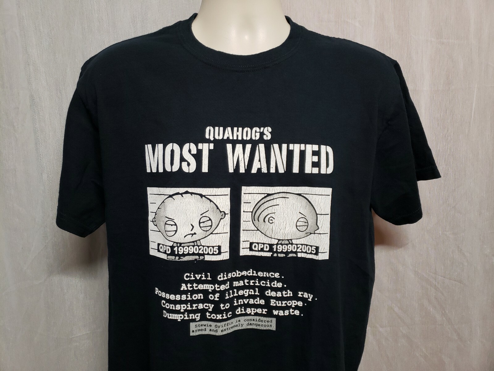 Stewie Griffin Quahogs Most Wanted Adult Medium Black TShirt