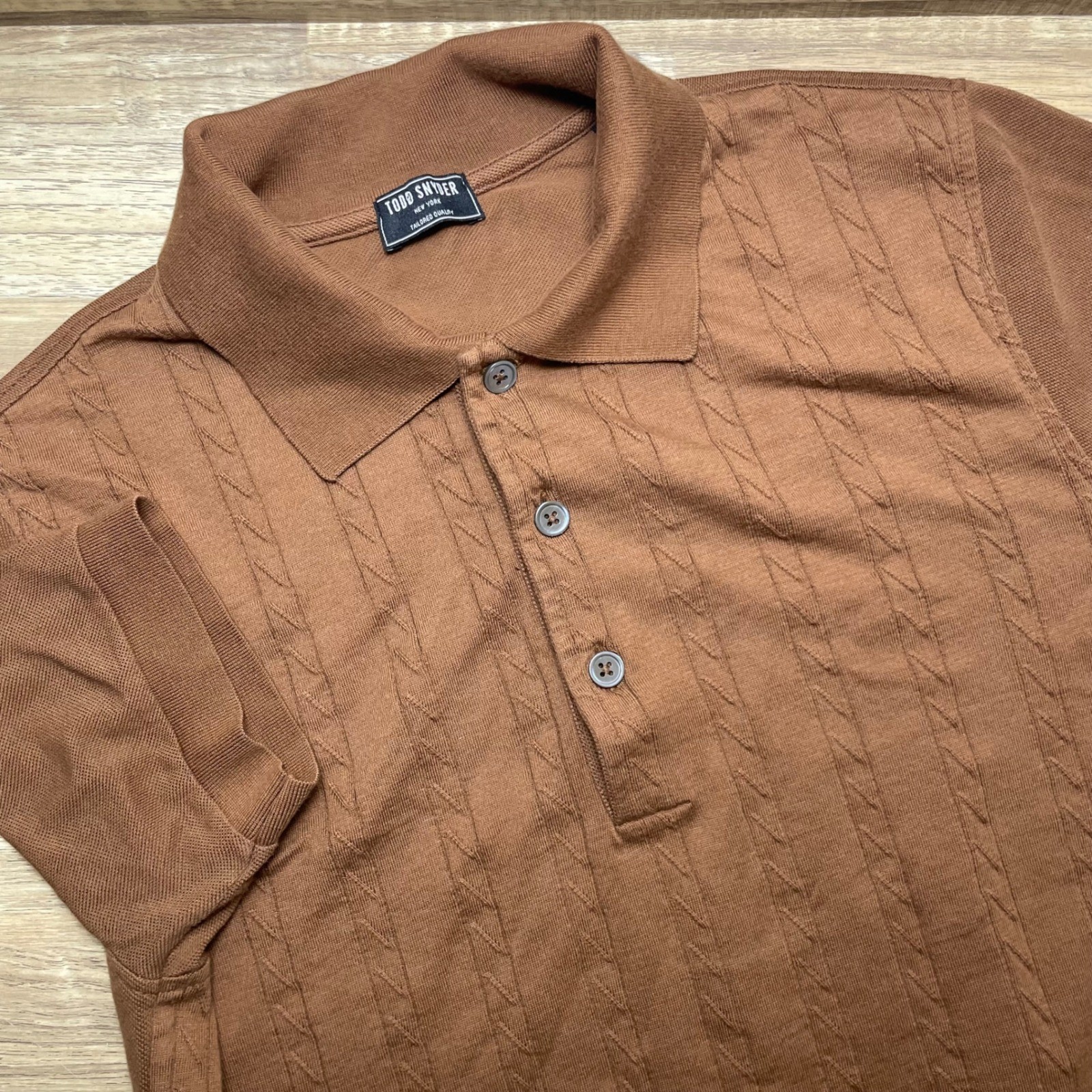 Todd Snyder Men XS Copper Brown Cable Knit Cotton Sweater Polo Shirt Tipped Rib