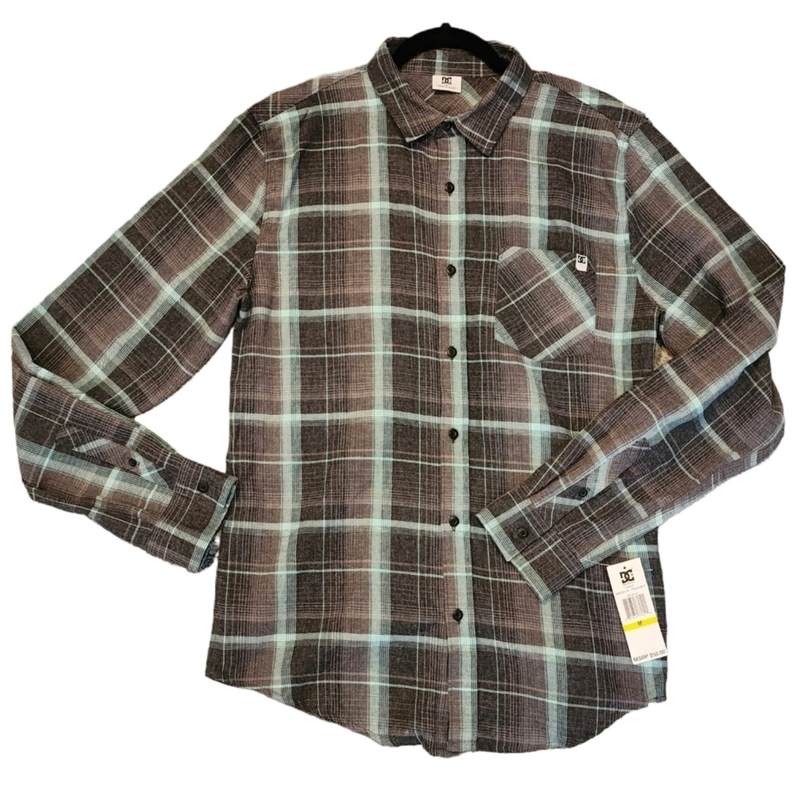 NWT DC Size Medium Grey Mint Plaid Long Sleeve Button Up Shirt Cotton Poly