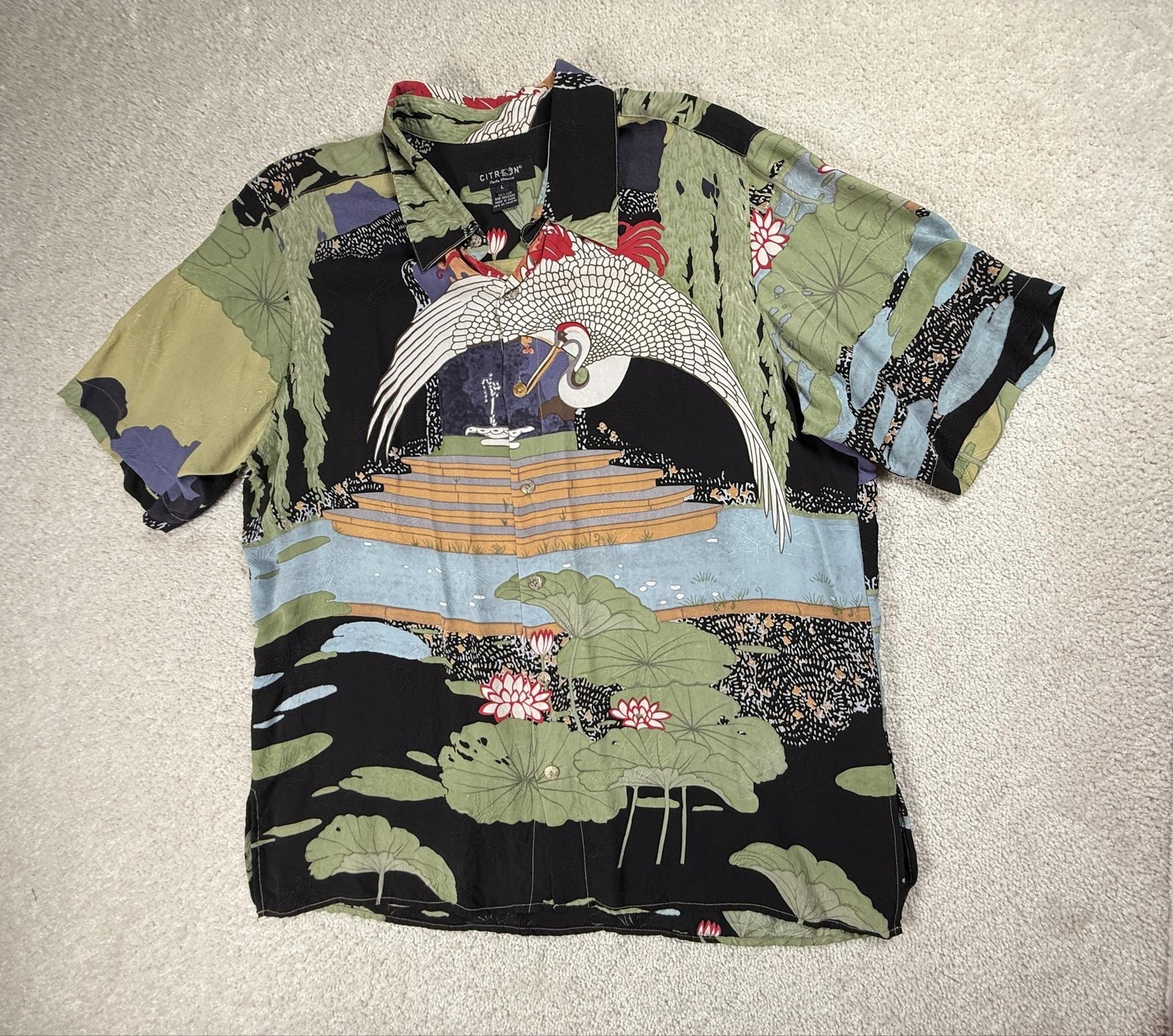 Citron Santa Monica Shirt Mens L Black 100% Silk Crane Garden Lily Pond Crane