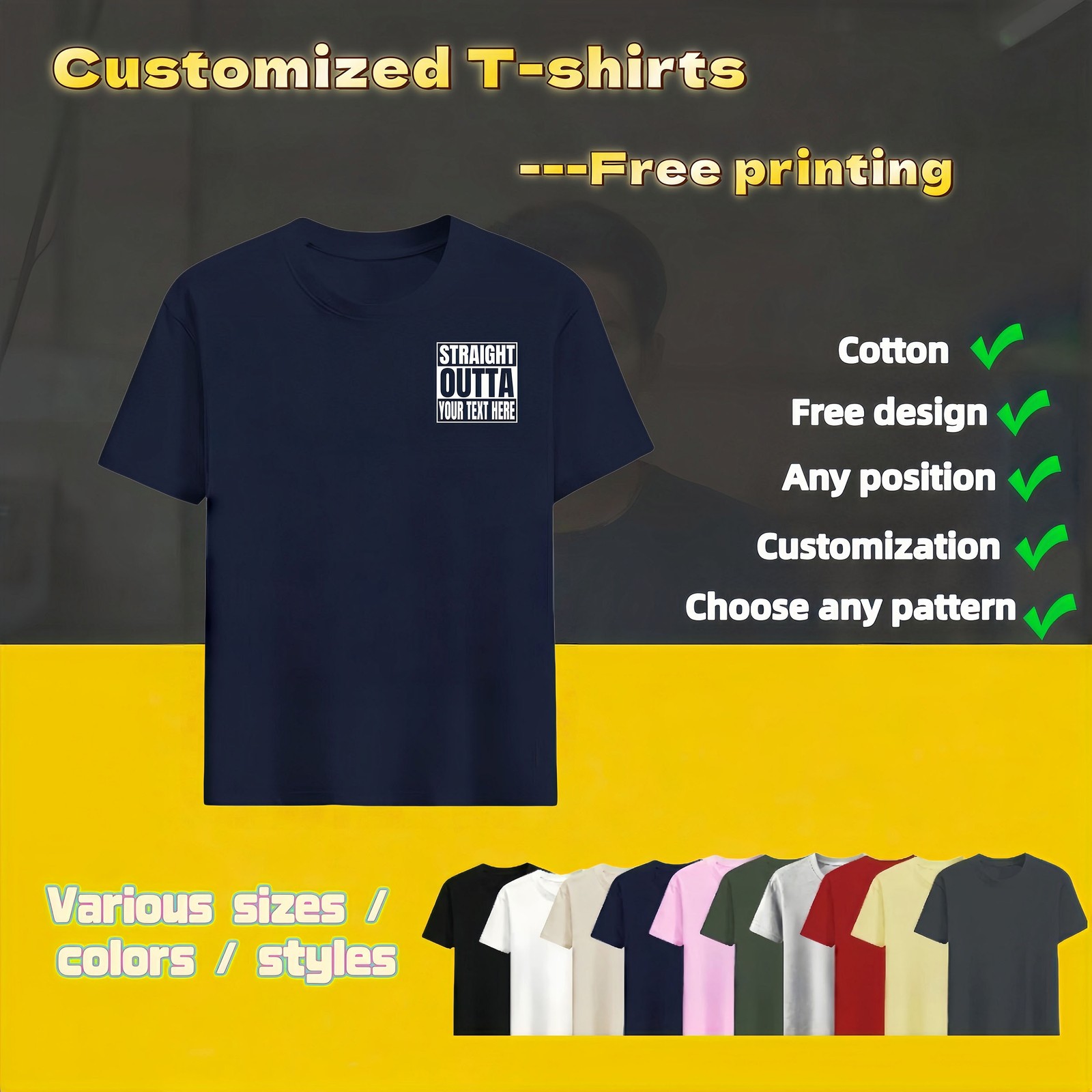 Personalized T-shirts, customizable with your text,photos or logo made of cotton