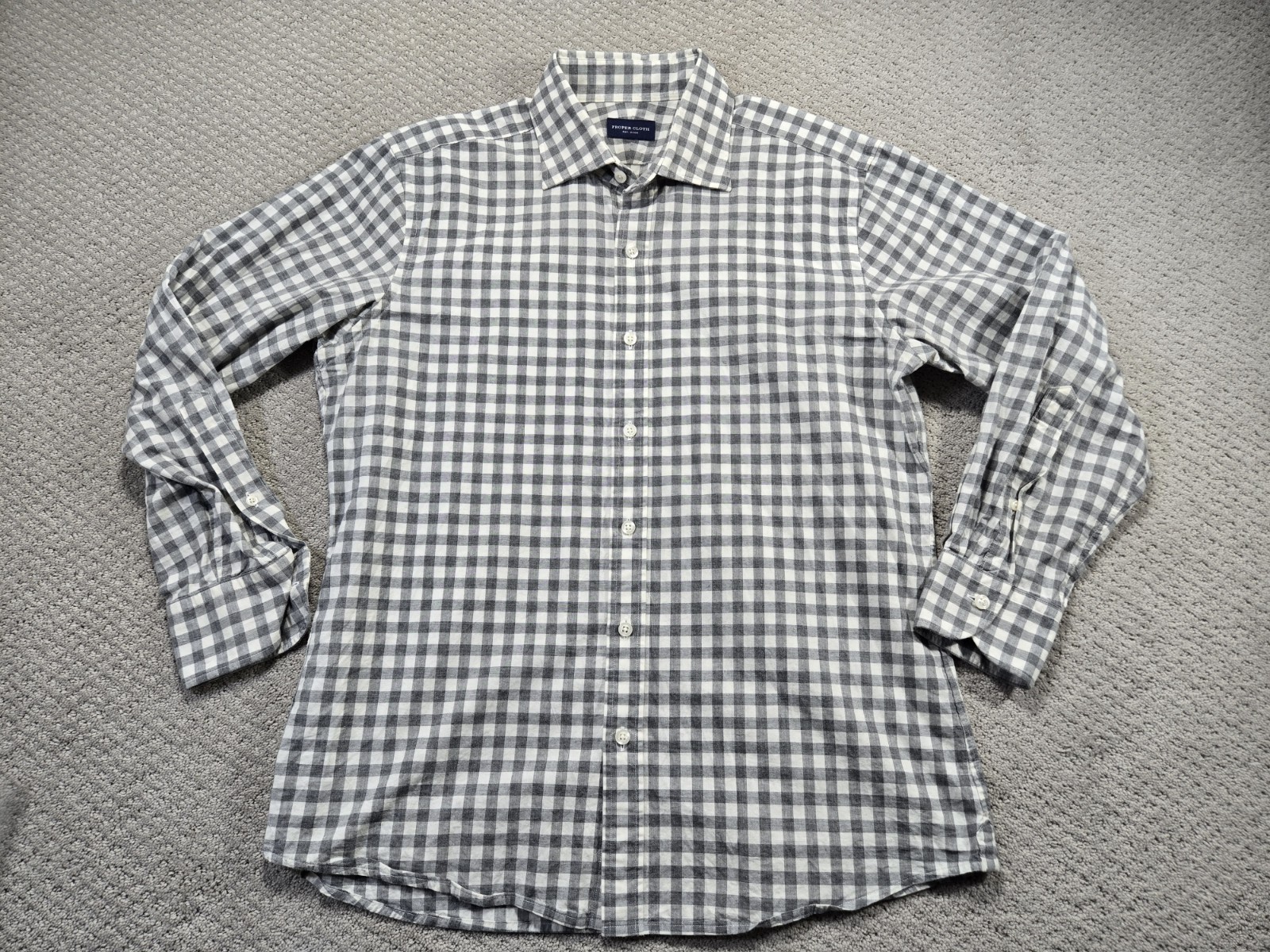 Proper Cloth Shirt Men 17 32.5 Grey White Gingham Broadcloth Custom Tailored