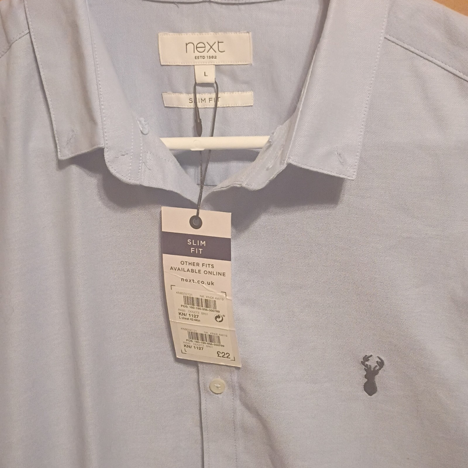 Next Men’s Solid Blue Slim Fit Long Sleeve Button-Up Point Collar L Woven