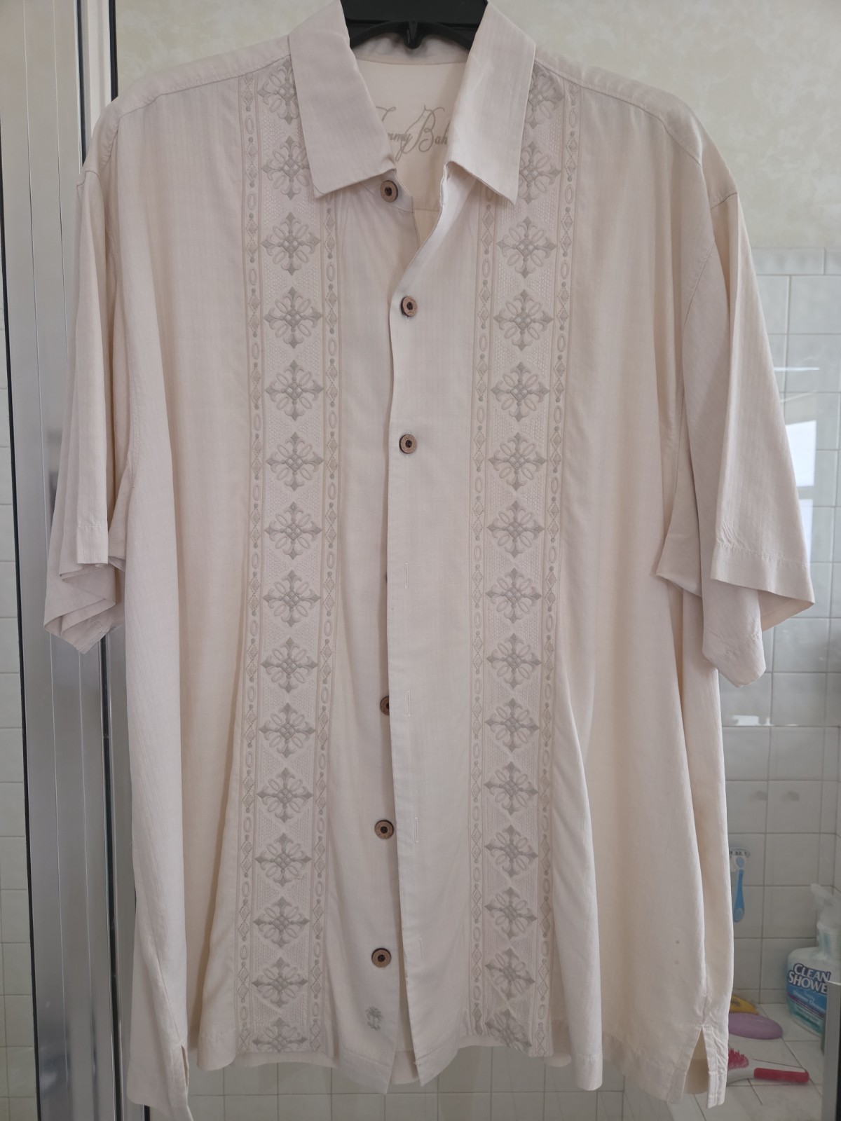 Tommy Bahama Embroidered Hawaiian Camp Shirt Men Pure Silk Beige Short Sleeve XL
