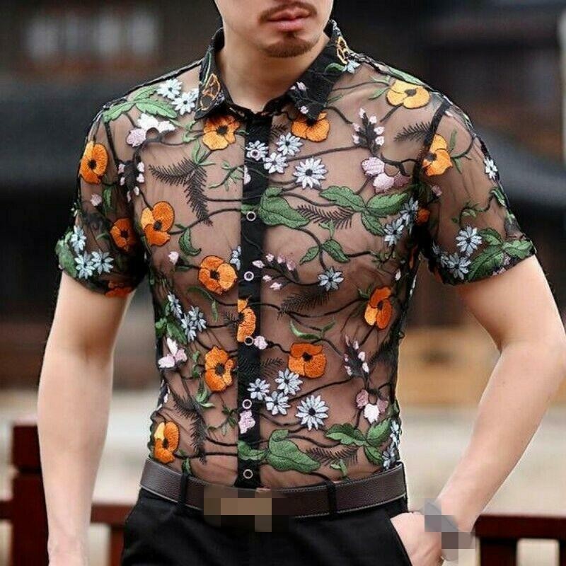 Men’s Tops Mesh Short Sleeve Slim Floral Hollow Out See-through T-shirts Summer