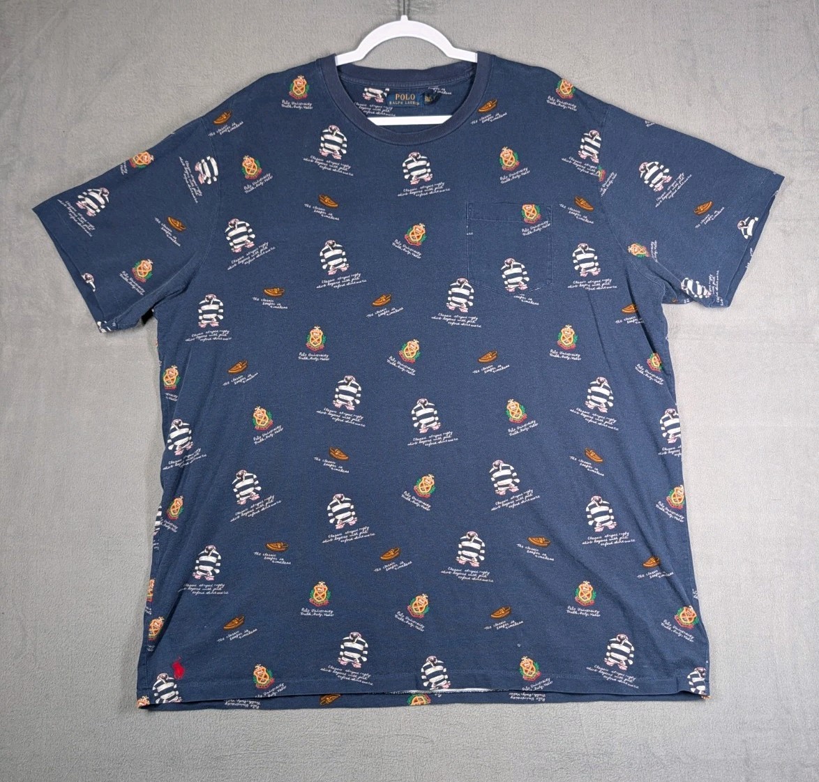 Polo Ralph Lauren Mens 2XLT Blue Pocket T Shirt Crest Rugby Print All Over Print