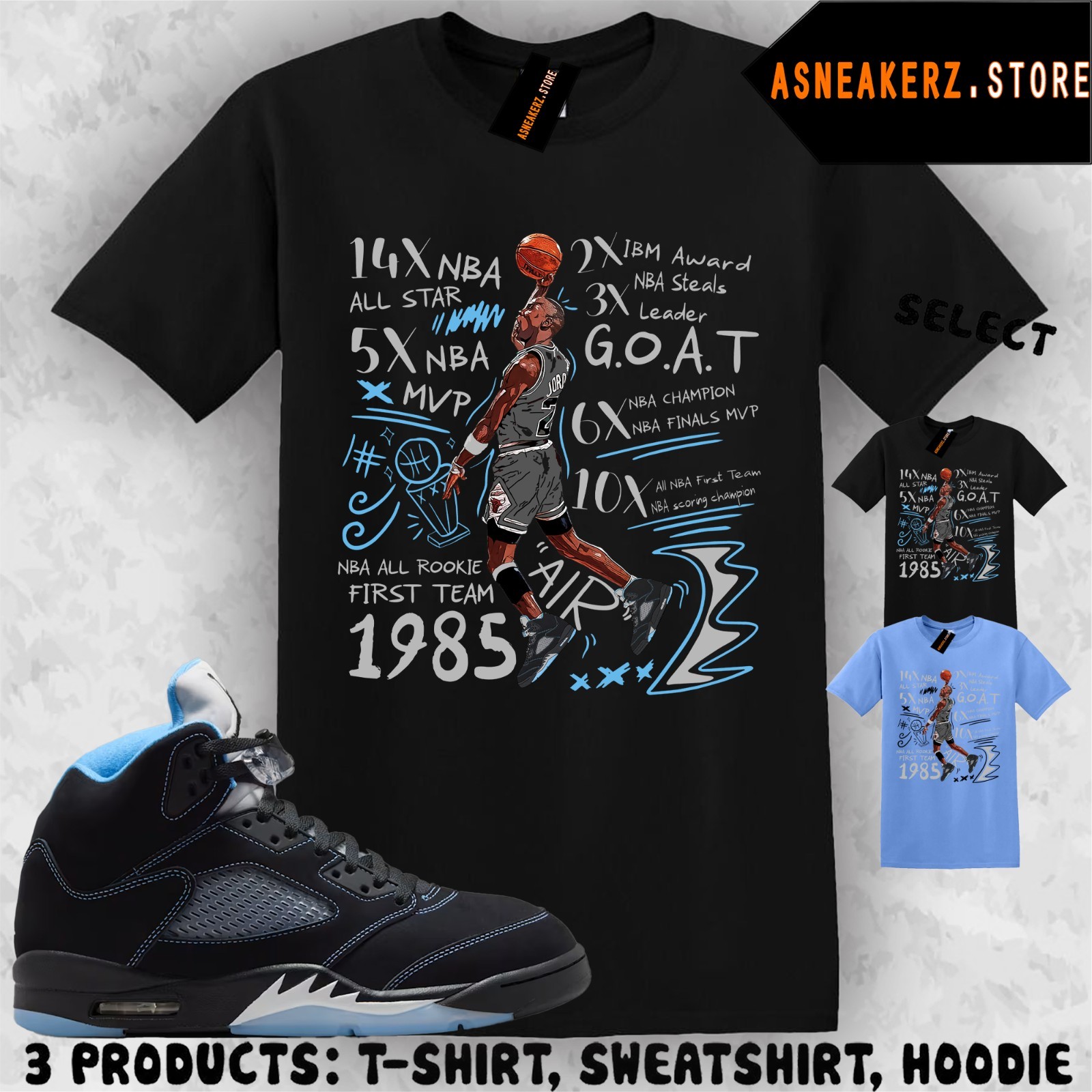 Shirt Matching AJ 5 Black UNC Blue 2026 To Match Sneaker MJ Accolades 23 T-Shirt