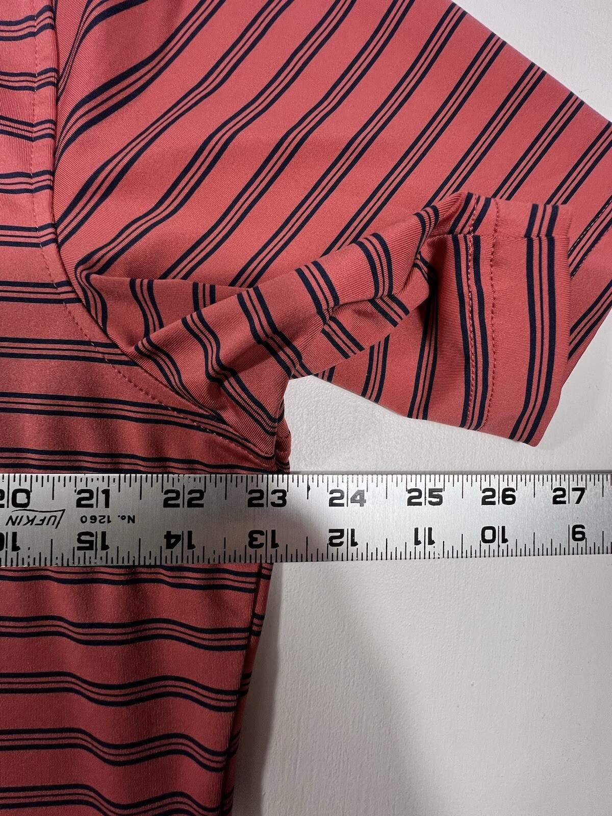 PETER MILLAR Mens L Stripe Golf Polo Coral Navy Performance Preppy Coastal