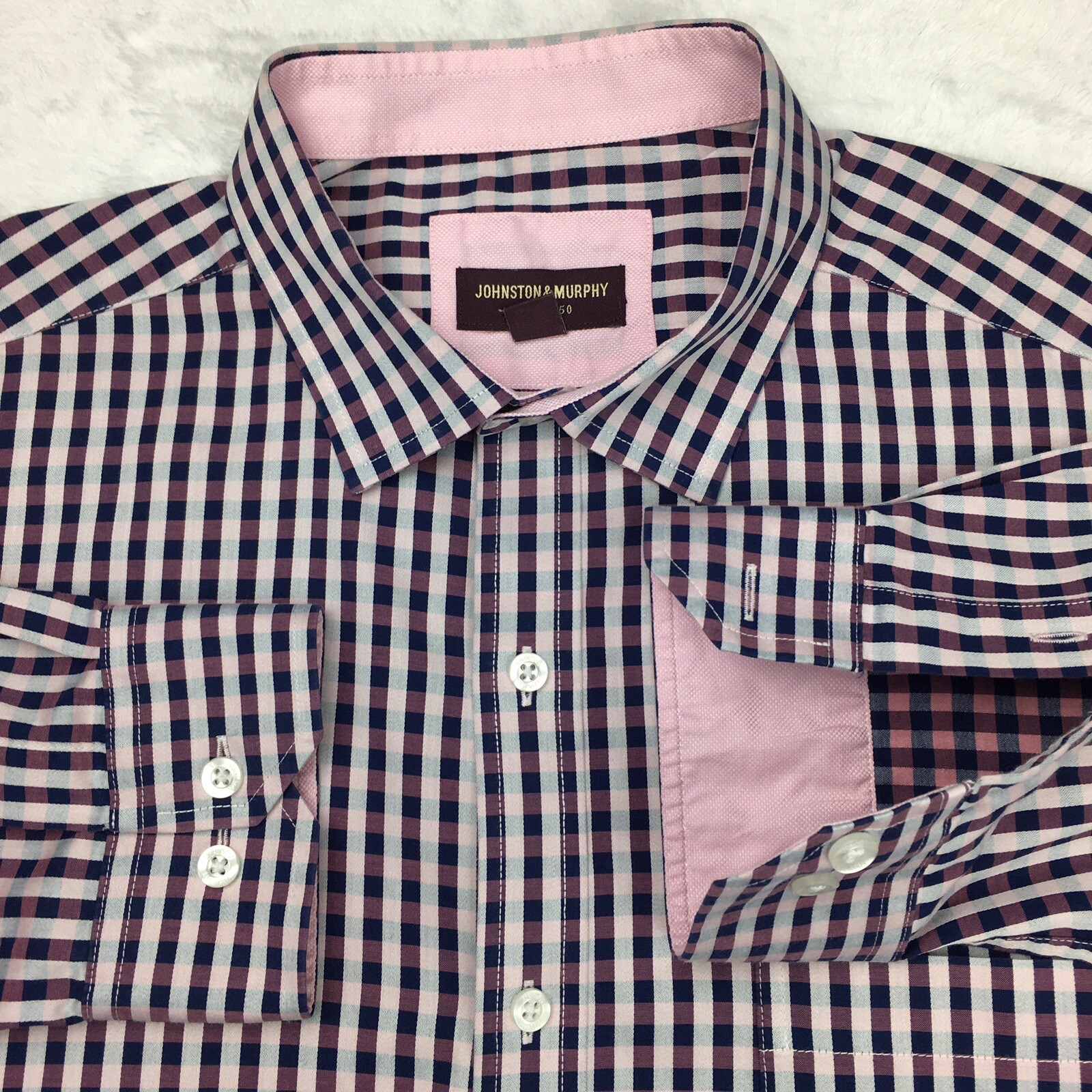 Johnston & Murphy Men’s XL Dress Shirt Pink Check Flip Cuff Long Sleeve